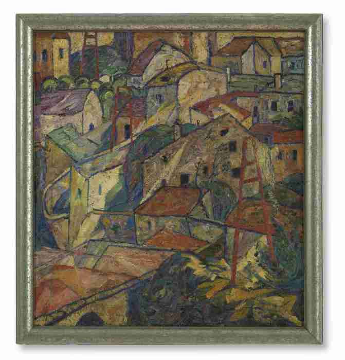 Oil on canvas painting, Krumau Cityscape, Krumauer Stadtlandschaft, by Anton Heinrich Peschka, 1920. Wien Museum. A vertical cityscape painting displaying a dense cluster of historic houses and roofs along a riverbank, rendered in expressive post-expressionist forms and structural lines.