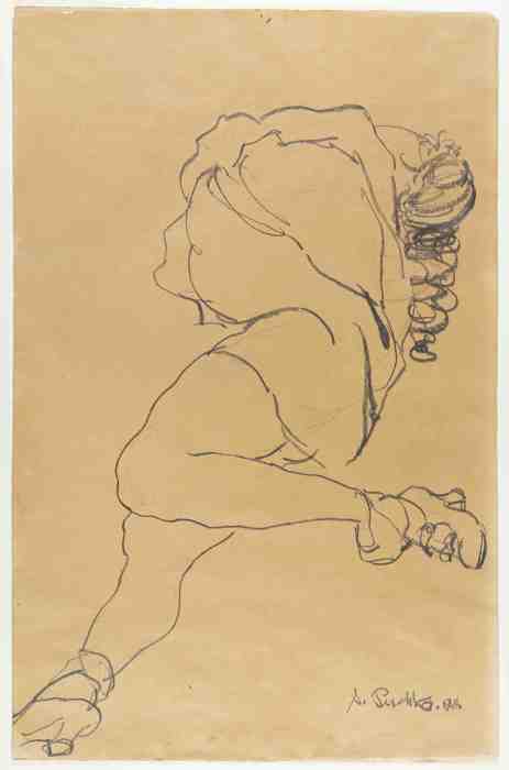 Pencil drawing, Reclining Female Nude, Liegender Frauenakt, by Anton Heinrich Peschka, 1924. Wien Museum. A vertical sketch on paper depicting a reclining nude female figure, executed in clean, fluid graphite lines.