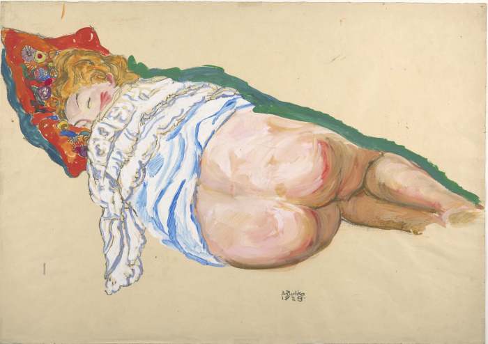 Charcoal drawing, Reclining Female Semi-Nude, Liegender weiblicher Halbakt, by Anton Heinrich Peschka, 1925. Wien Museum. A vertical figure drawing on brown wrapping paper depicting a reclining semi-nude woman, executed in bold charcoal lines.