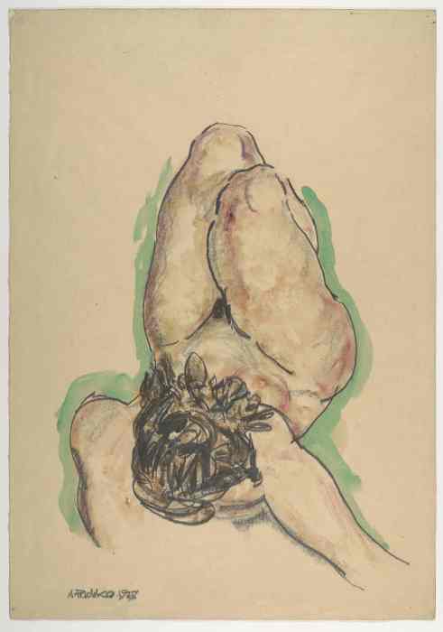 Pencil drawing, Female Nude Lying on her Back with Legs Pulled Up, Weiblicher Akt auf dem Rücken liegend, mit angezogenen Beinen, by Anton Heinrich Peschka, 1927. Wien Museum. A vertical or horizontal figure drawing on paper depicting a nude female model reclining on her back with her knees drawn up toward her torso, executed in graphite lines.