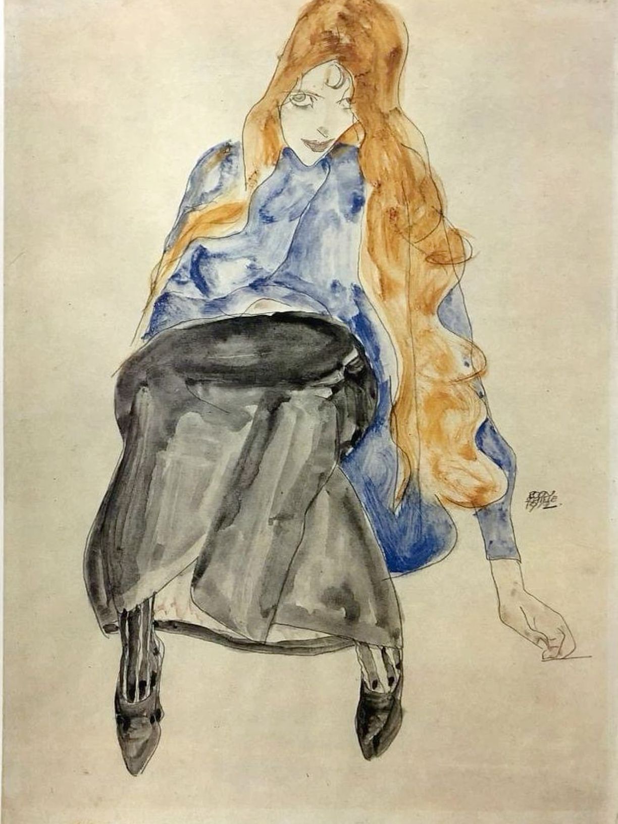 Gouache, watercolor and pencil on paper, Seated Girl with Long Blond Hair, Sitzendes Mädchen mit langem blondem Haar, by Egon Schiele, 1912. A seated young woman with long blond hair, wearing a blue blouse and dark skirt, shown in a slightly forward‑leaning pose with one arm extended downward.