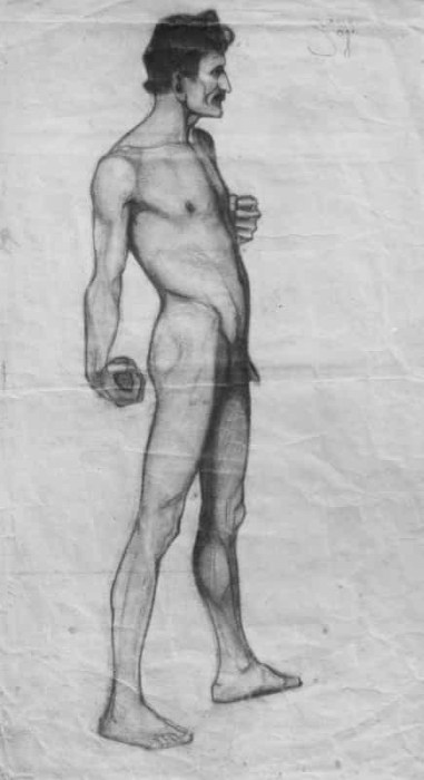 Pencil and charcoal drawing on paper, Standing Male Nude in Profile, Stehender männlicher Akt im Profil, by Egon Schiele, 1907. Private collection. Catalogue raisonné: Kallir D226