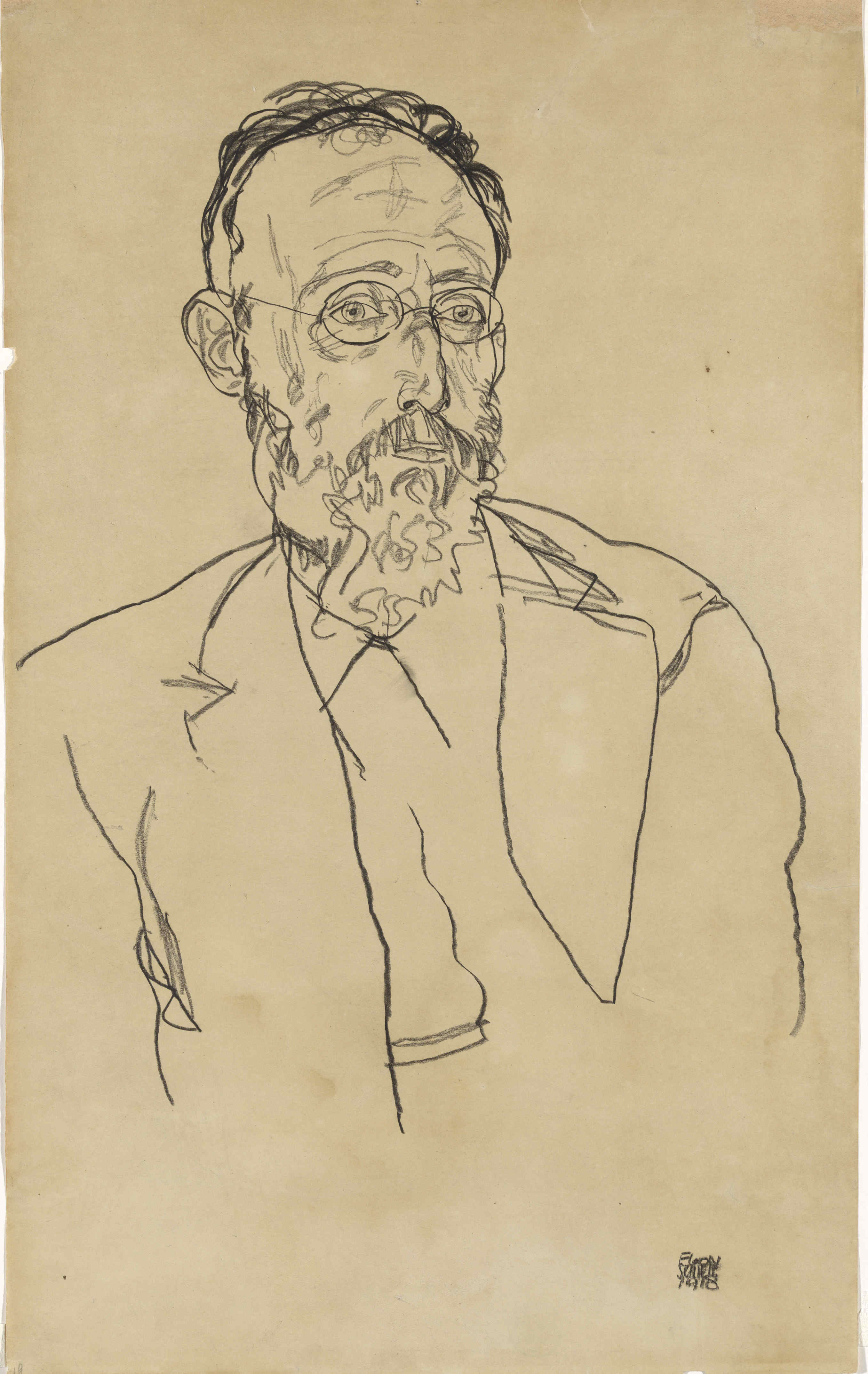 Chalk drawing, Portrait of Heinrich Gomperz, Heinrich Gomperz, Univ.-Prof., Dr. Philosoph, by Egon Schiele, 1918. Wien Museum. A minimalist side-profile portrait of a man with glasses, viewed from the chest up, rendered with sharp, disciplined lines. Kallir d2463