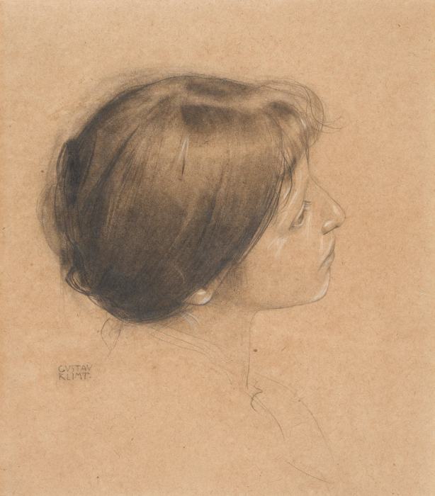 Black chalk drawing with white heightening, Portrait of a Girl Facing Right (Mädchenporträt nach rechts), by Gustav Klimt, c.1884. Formerly in a German private collection; auctioned at Dorotheum in 2025. Profile study of a young girl facing right, shown from slightly above, with gathered brown hair, a clear contour of the nose and chin, minimal shading around the eyes, and the signature “GUSTAV KLIMT” at lower left. Not listed in Strobl; related to early head studies including the portrait of Johanna (Strobl I, no. 34).