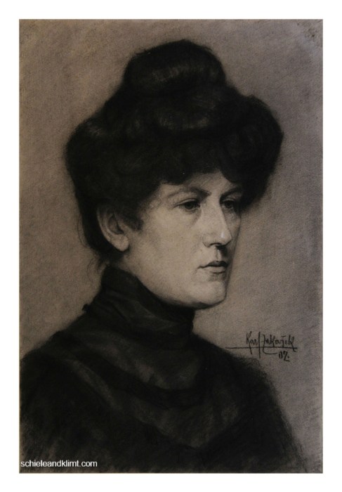 Charcoal drawing on paper, Portrait of a Young Woman, Bildnis einer jungen Frau, by Karl Zakovsek, 1907. Private collection (Zakovsek family archive).
