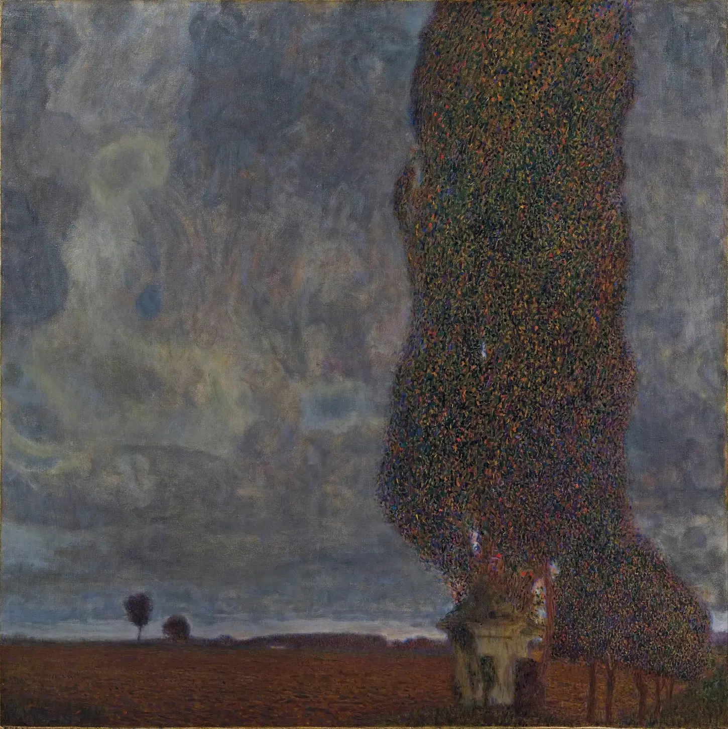 Oil on canvas, The Large Poplar II (Gathering Storm), Die große Pappel II (Aufziehendes Gewitter), by Gustav Klimt, 1902/03. Leopold Museum, Vienna. A square-format oil painting depicting a tall, narrow poplar tree dominating the right side of the canvas. The ground consists of a low brown meadow. The background features a dark, gray-blue stormy sky with pointillistic, multi-colored leaf clusters on the tree branches and a small chapel at the base of the trunk. Natter no. 147.