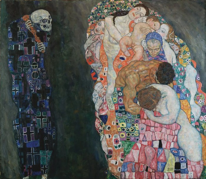 Oil on canvas painting, Death and Life, Tod und Leben, by Gustav Klimt, 1916 final version. The artwork shows the grim reaper covered in black crosses on a dark gray background facing a dense cluster of figures.