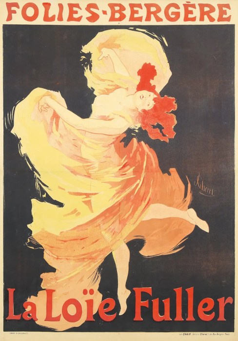 Color lithograph poster, La Loïe Fuller, Folies-Bergère, by Jules Chéret, 1893. A dancer with flowing red hair in a swirling orange and yellow silk dress against a solid black background with large red lettering.