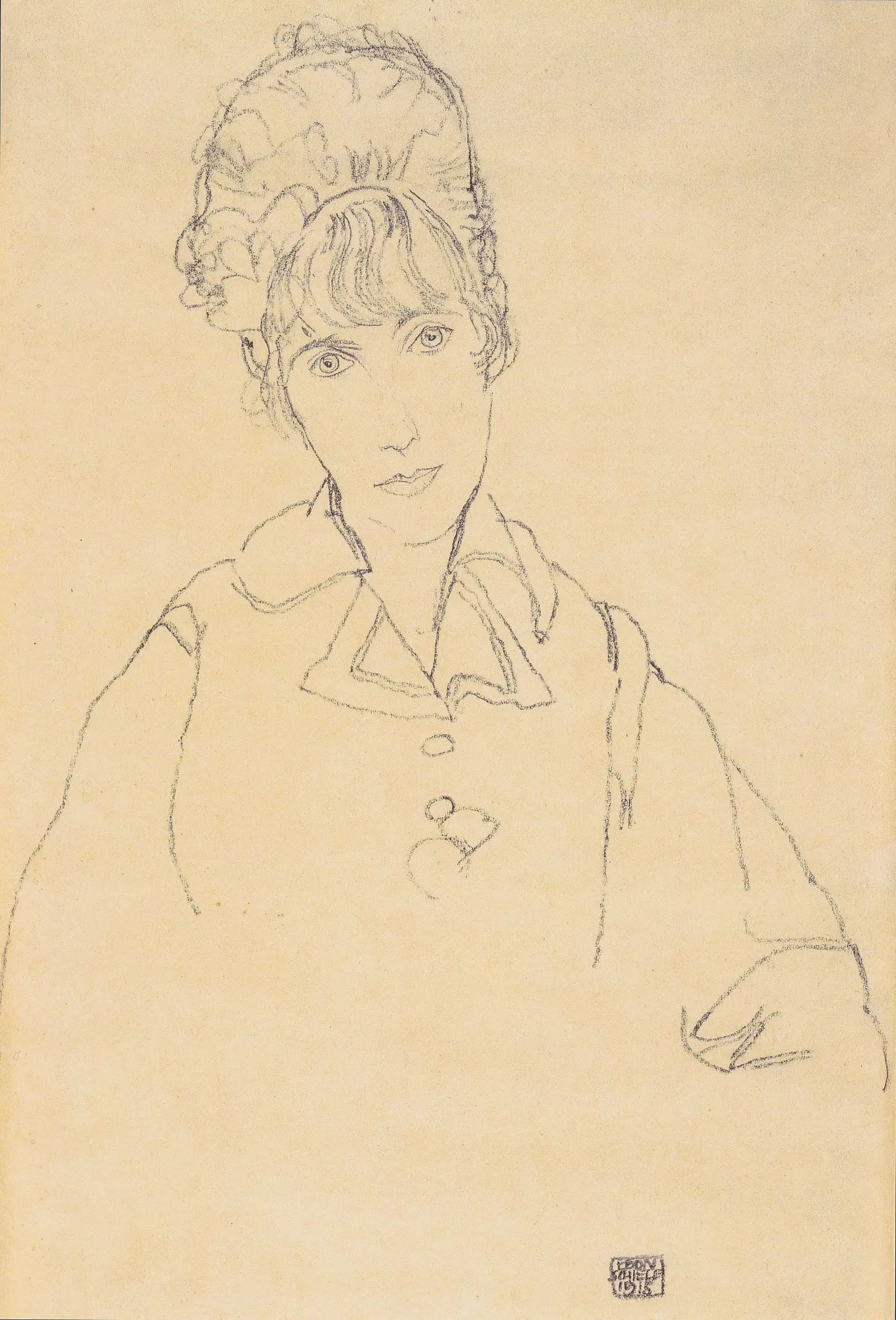 Pencil drawing, Edith Schiele, by Egon Schiele, 1915. Albertina, Vienna. A portrait study of a woman from the chest up, leaning her head slightly to her left. She has short, wavy hair parted in the middle and wears a high-collared garment. The drawing is executed in fine pencil lines with light shading around the eyes, nose, and jawline on light-colored paper. Signed and framed in the bottom right corner. Kallir 1718.