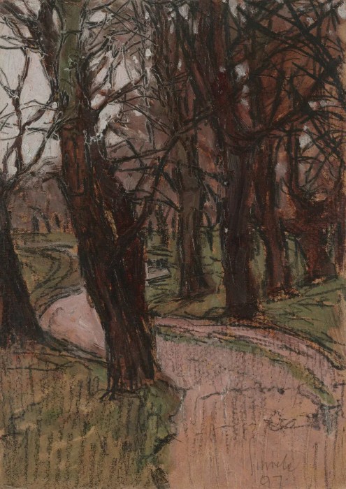 Oil and pencil painting, Autumnal Alluvial Forest, Herbstlicher Auwald, by Egon Schiele, 1907. Leopold Museum. A thin forest path or clearing surrounded by slender trees with dark autumn branches against a light background. Kallir P86