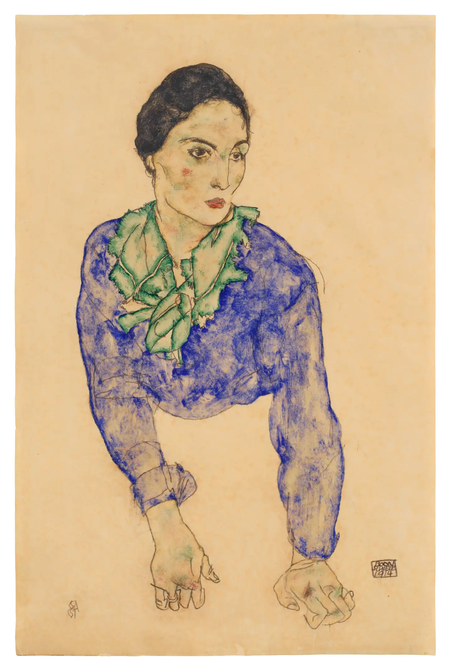 Gouache and pencil drawing, Portrait of a Woman with Blue and Green Scarf, 1914, by Egon Schiele. A portrait study of a seated woman looking to the right, wearing a blue garment with a green frayed scarf collar, according to the Kallir d1595 documentation.