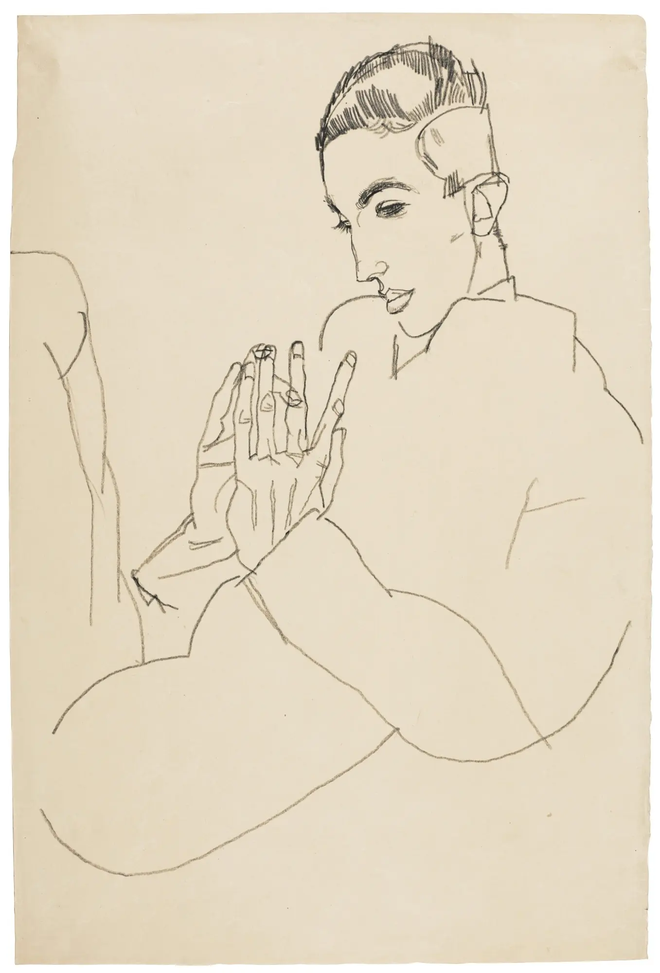 Pencil drawing, Erich Lederer with Hands Clasped, 1915, by Egon Schiele. A portrait study of a seated teenage boy (Erich Lederer, 1896–1985) looking downward with his hands interlocked in his lap, rendered in minimal pencil lines against a plain paper background. Auctioned at Sotheby's in New York (November 2019) for 300,000 USD. Kallir d1762.