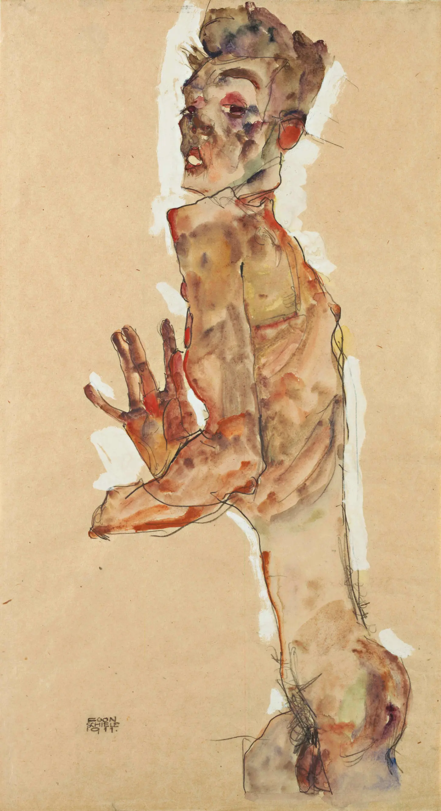 Pencil and gouache on paper, Self-Portrait with Splayed Fingers, Selbstbildnis mit gespreizten Fingern, by Egon Schiele, 1911. Leopold Museum, Vienna. A vertical graphic artwork showing a stylized, gaunt self-portrait of Egon Schiele from the waist up. The figure looks back over his right shoulder with wide eyes and tousled, dark hair. His right hand is raised near his chest with the fingers deliberately separated and spread wide apart. The body is outlined with sharp lines and highlighted with patches of white gouache against a blank paper background. Kallir D952.