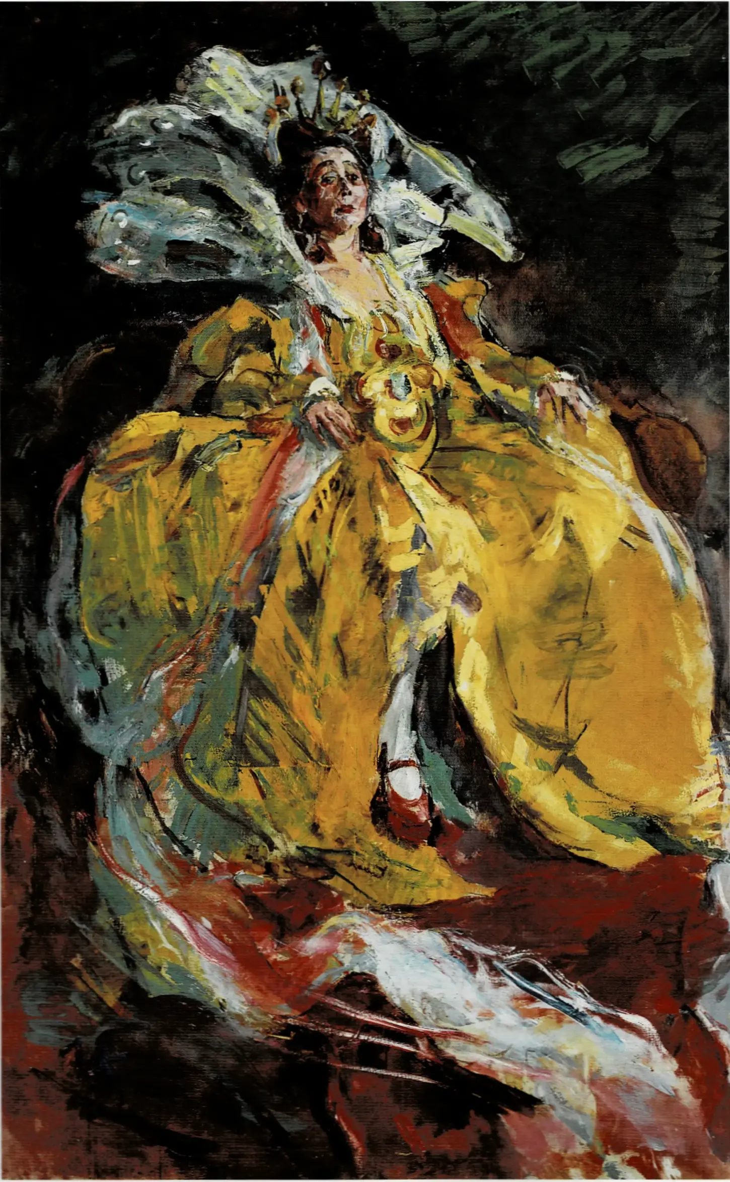 Oil on canvas painting, Marie Gutheil-Schoder as Potiphar's Wife, Marie Gutheil-Schoder als Frau Potiphar, by Anton Kolig, 1923. Theatermuseum, Vienna. A full-length portrait of a woman in an elaborate golden-yellow dress with an expanded hoop skirt and a long red and white train on the floor. She wears a large, fan-like semi-circular patterned white collar behind her head and a crown. She looks upward with an open mouth against a dark, textured background with expressive green brushstrokes. WVK 174.