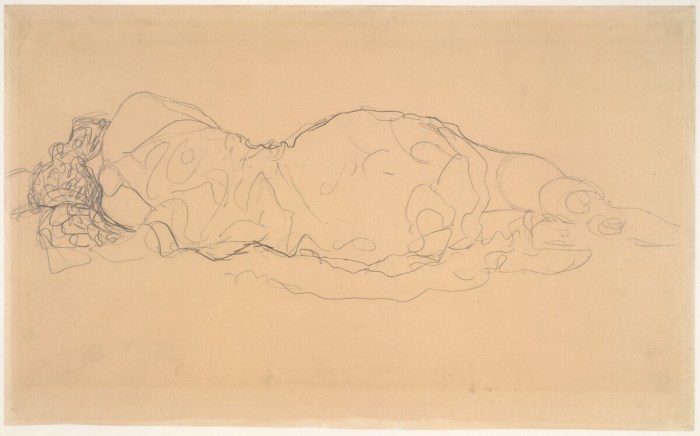 Pencil drawing, Reclining Woman from Behind (Liegende in Rückenansicht), by Gustav Klimt, 1916-1917. The Albertina Museum, Vienna. A minimalist line drawing depicting a reclining woman seen from behind, with soft pencil strokes defining the contours of her body. Strobl III, 2928