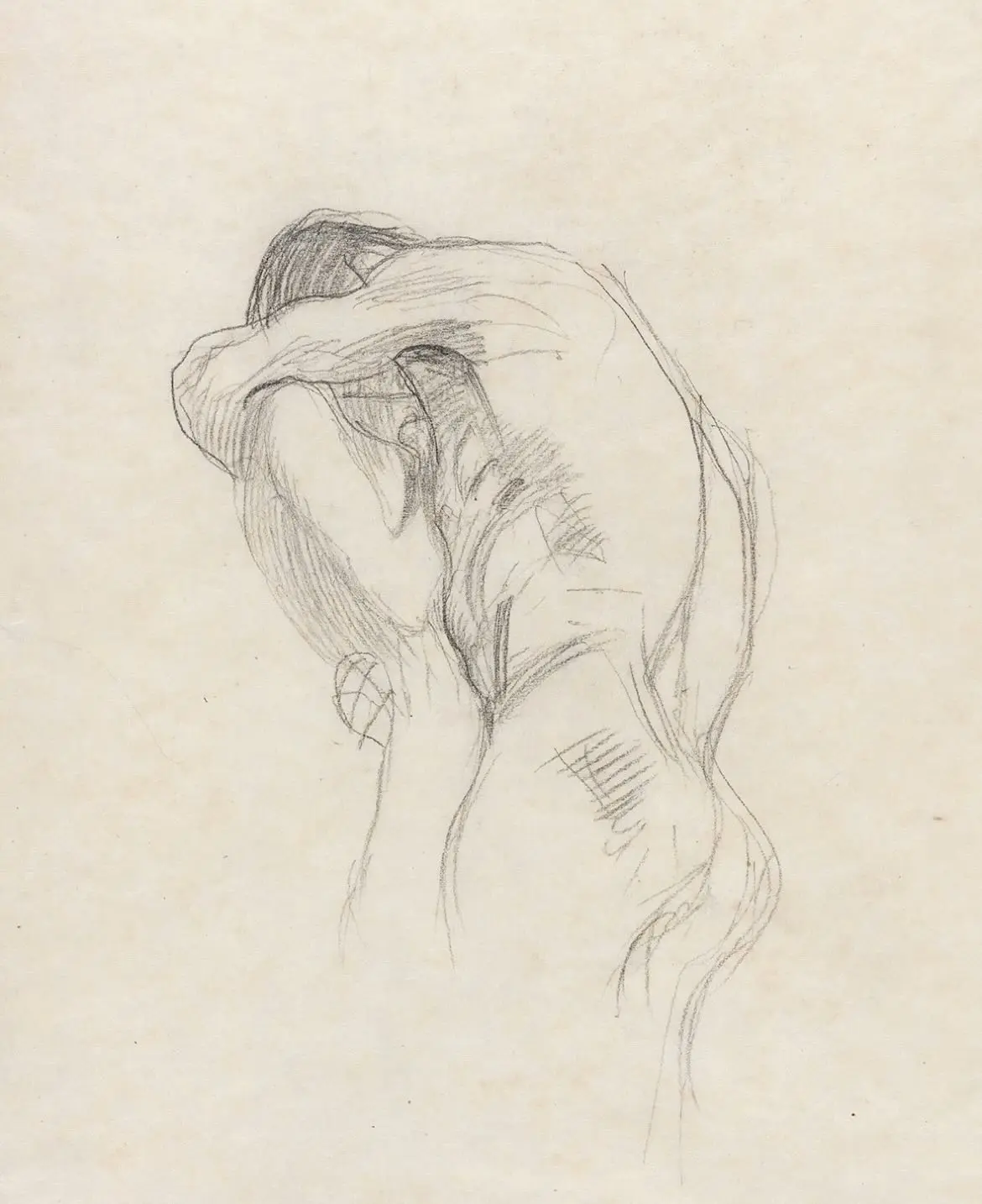 Black chalk drawing, Embracing Couple, Sich umarmendes Paar, by Gustav Klimt, 1898/99. Museum der Moderne Salzburg. A graphic preparatory study drawing of an embracing couple rendered in soft black chalk lines against a plain paper background. Strobl s481