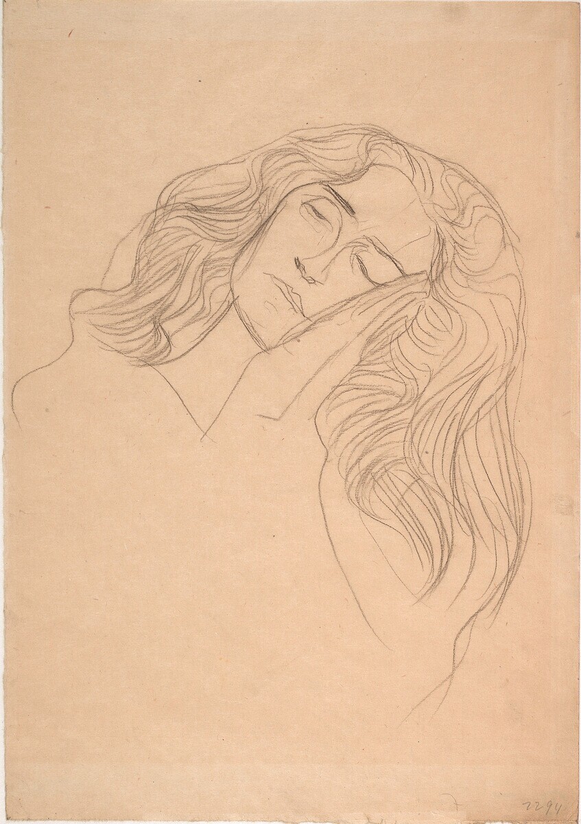 Black chalk drawing, Head of a Woman, Hands on her Cheek (Frauenkopf, die Hände an die Wange gelegt), by Gustav Klimt, 1903. The Albertina Museum, Vienna. A line drawing of a woman's face with her eyes closed, resting her cheek against her hands, surrounded by wavy hair. Strobl s895