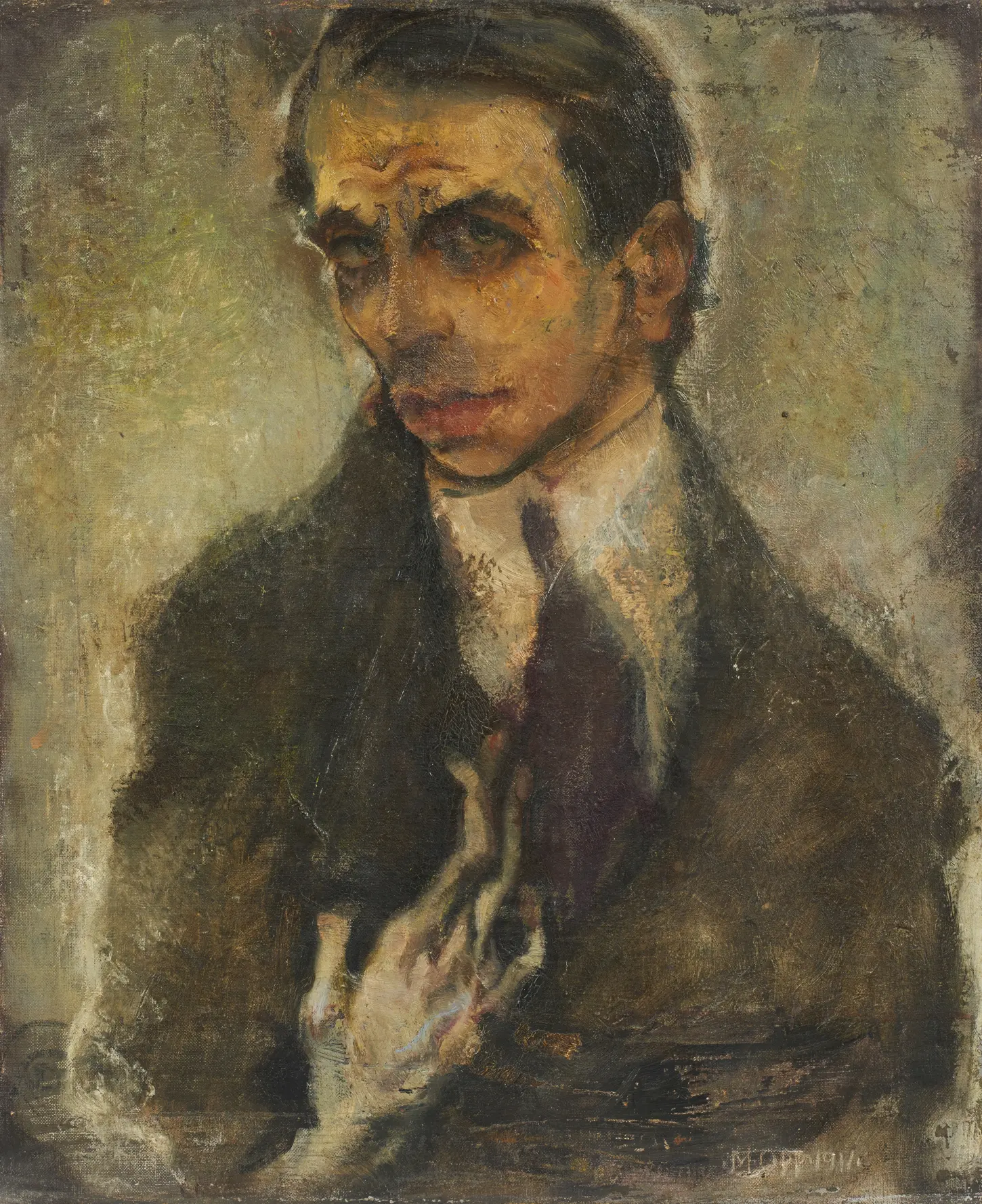 Oil on canvas painting, Self-Portrait, Selbstbildnis, by Max Oppenheimer, 1911. Leopold Museum. A front-facing portrait of the artist looking slightly away with a wrinkled forehead, holding up a skeletal hand, dressed in a dark suit jacket against a muted background.