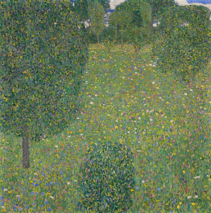 Oil on canvas, Flowering Meadow, Blumenwiese, by Gustav Klimt, c. 1904–1905. Private Collection. A perfect square landscape painting dominated by a dense meadow filled with tiny yellow, white, and violet flowers, flanked on the left and right borders by massed green trees under a high horizon.