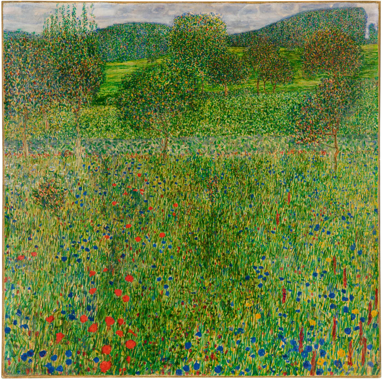 Tempera and oil on canvas, Orchard, Obstgarten, by Gustav Klimt, 1904/1905. Carnegie Museum of Art. A square landscape painting covered in dense points of red, yellow, and blue paint representing a field of flowers, with several slender, vertical tree trunks rising into a canopy of green leaves that fills the upper frame, omitting the sky and horizon.
