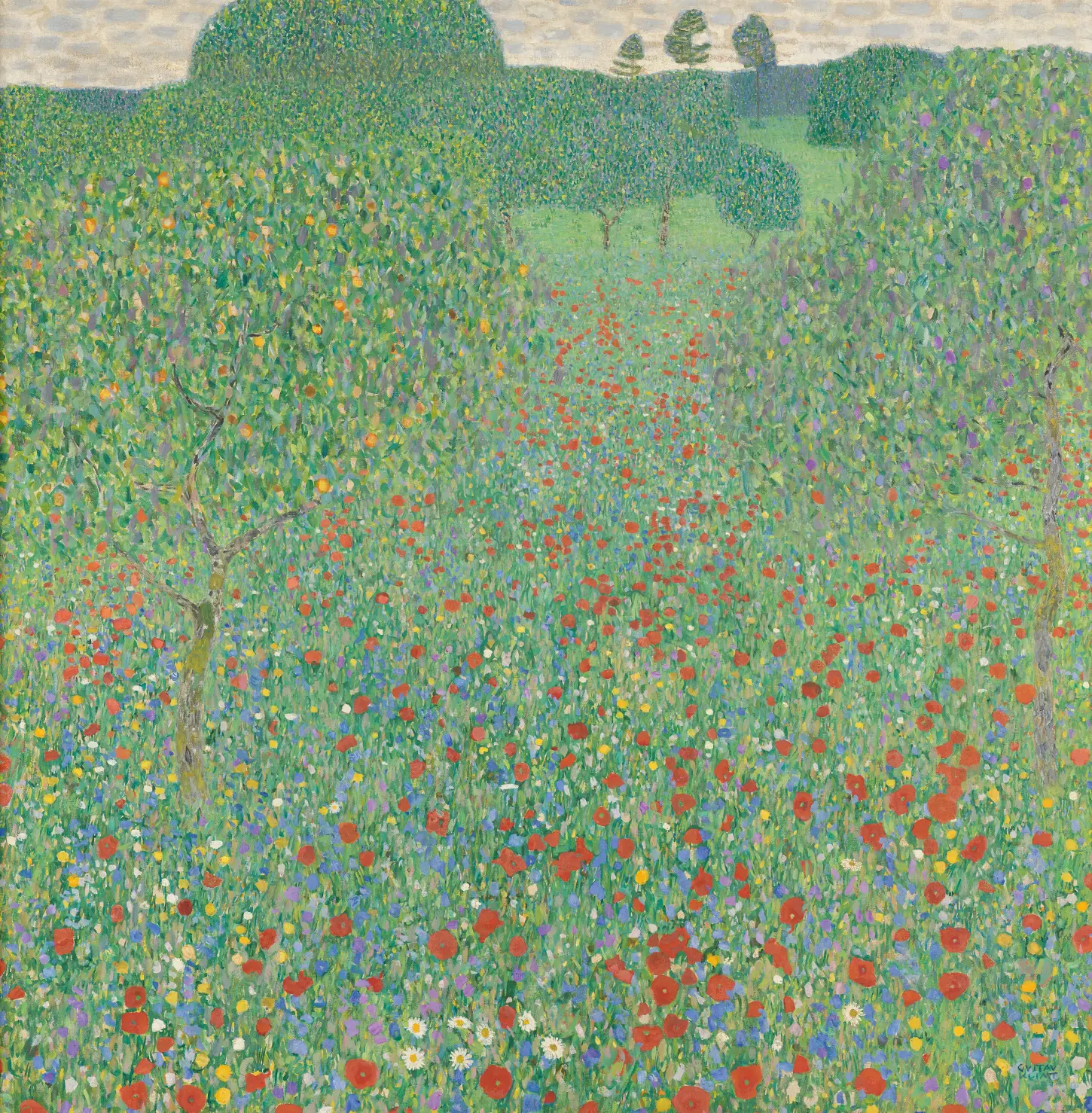 Oil on canvas, Poppy Field, Mohnfeld, by Gustav Klimt, 1907. Österreichische Galerie Belvedere. A square landscape painting depicting a dense, green meadow densely filled with red poppies and white daisies, with narrow fruit trees blending into the field on the left and right, and a tiny strip of background landscape visible at the very top edge.