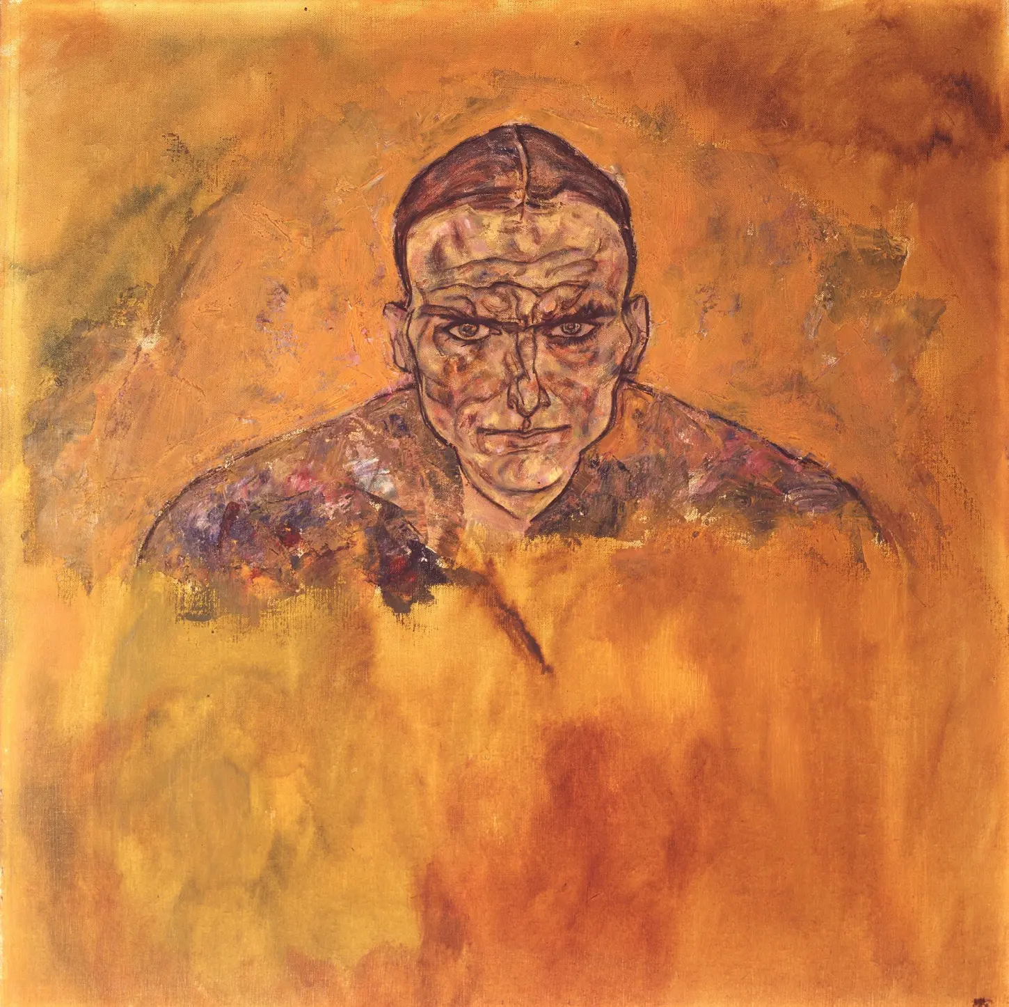Oil on canvas, Portrait of the Writer Robert Müller, Bildnis des Schriftstellers Robert Müller, by Egon Schiele, 1918. Private collection. An unfinished portrait showing a man's head and shoulders rendered in paint strokes against a brushed background of oker, orange, and brown oil paint that fades into a solid yellow-orange wash at the bottom. Kallir P321.