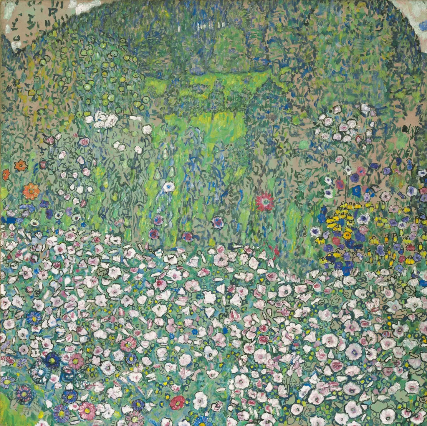 Oil on canvas, Garden Landscape with Rounded Mountaintop or Hilltop, Gartenlandschaft mit Bergkuppe (Pfarrgarten), by Gustav Klimt, 1916. Kamm Collection Foundation. A dense field of white blossoms dominates the foreground, transitioning into dark green shrubs and trees that lead up to a smooth, rounded hill at the very top of the canvas under a tiny sliver of pale sky. Natter no. 221.