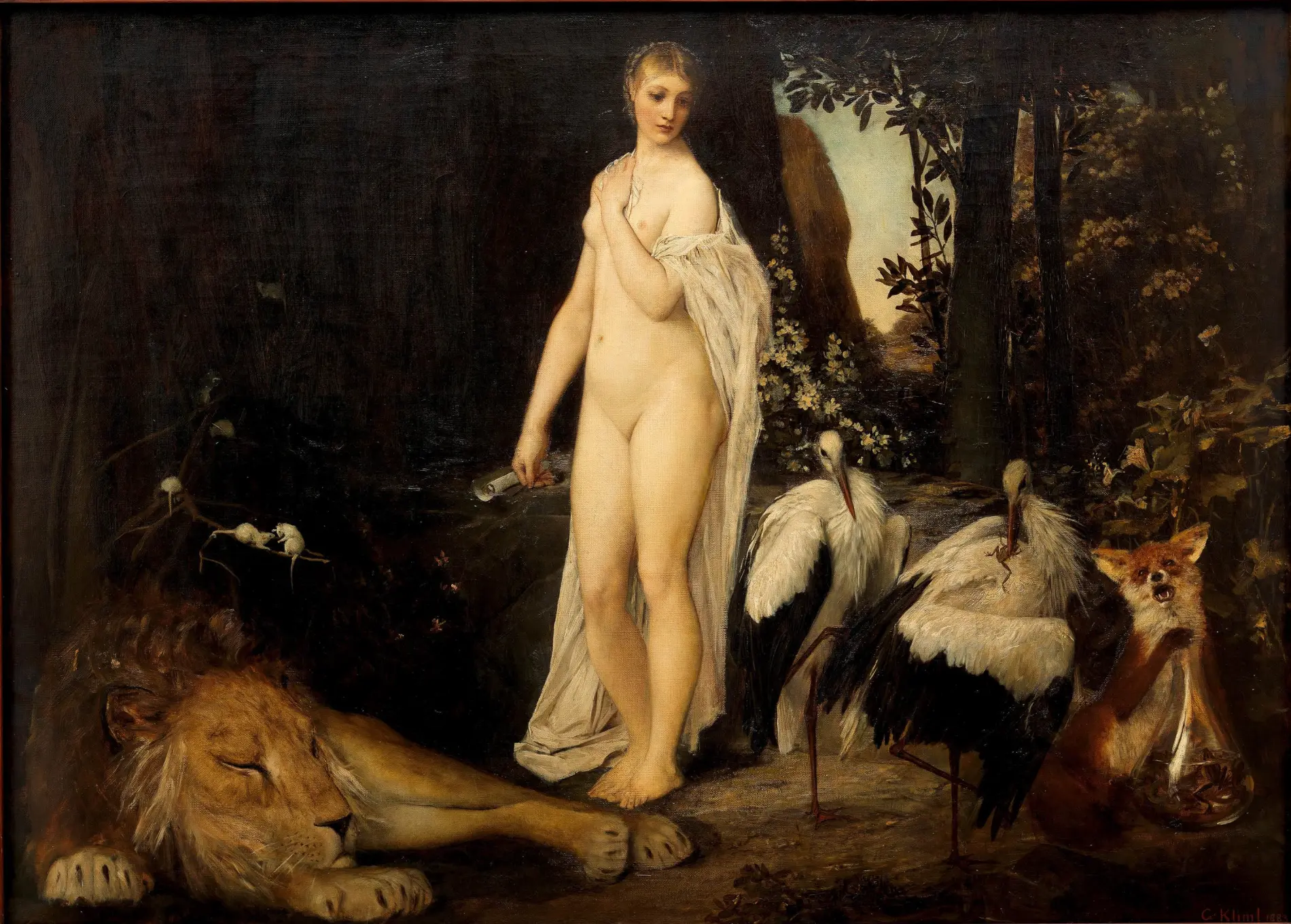 Oil on canvas, Allegory of Fable, Allegorie der Fabel, by Gustav Klimt, 1883. Wien Museum. A nude woman stands in a dense forest holding a scroll, surrounded by two storks, a fox, a lion, and three mice. Natter Index 26.