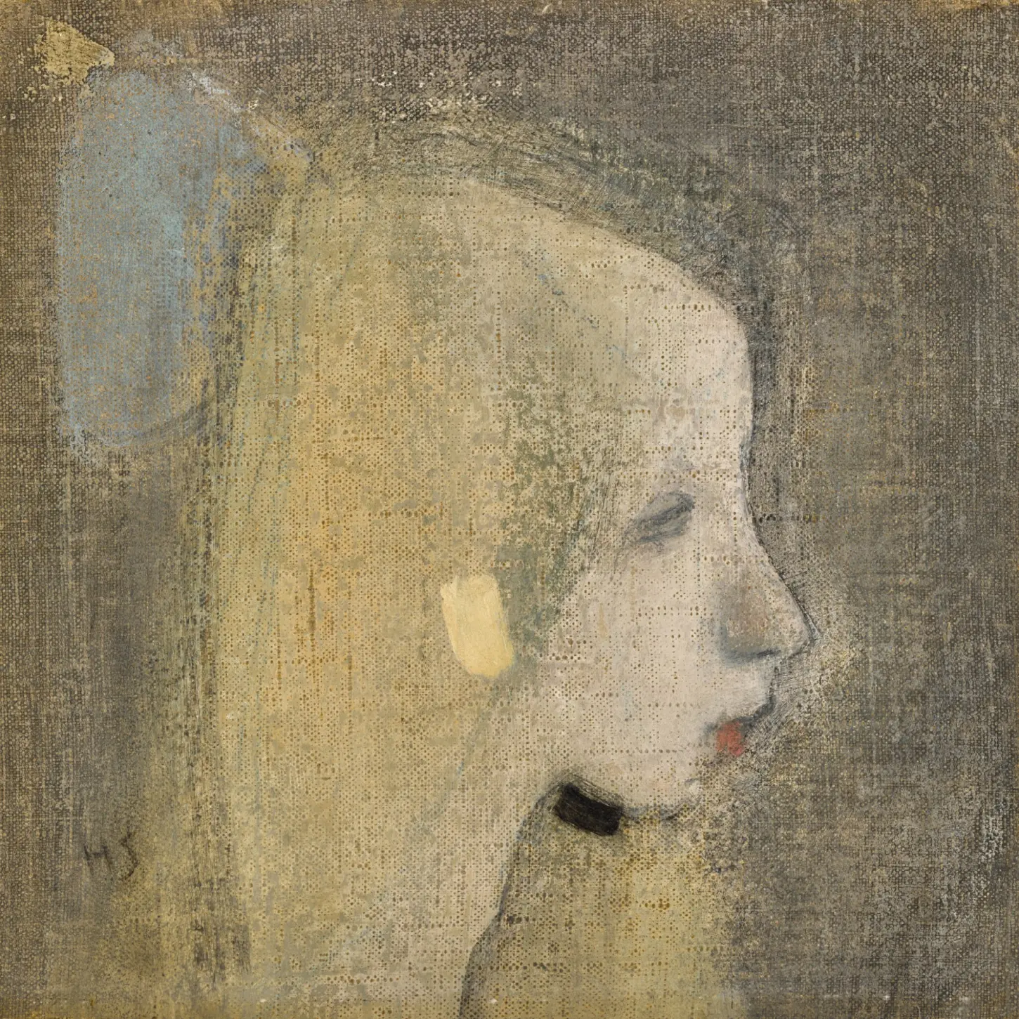 Oil on canvas painting, Blonde Girl (Girl with Blue Bow), Blonda flickan, by Helene Schjerfbeck, circa 1923. Private Collection. A minimalist profile view of a young blonde girl looking to the right against a textured gray-ochre canvas. A soft blue bow is visible at the upper left of her hair, accented by a bright yellow patch near the ear, a bold black horizontal stroke on the neck, and the monogram HS in the lower left corner. Ahtela 569.Title: Helene Schjerfbeck, Blonde Girl (Girl with Blue Bow), circa 1923