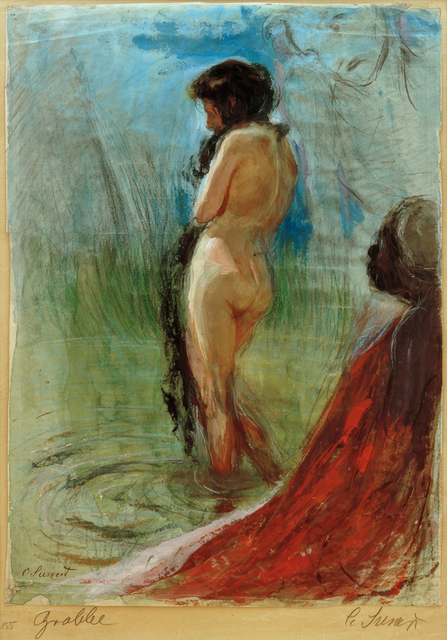 Pencil, gouache, and colored chalk on paper, Donna Anna by the Water, Donna Anna am Wasser, by Clara Siewert, 1925. Kunstforum Ostdeutsche Galerie, Regensburg. A nude female figure stands in a shallow body of water, viewed from behind with her head turned in profile. To the right, a second figure draped in a vivid red cloak watches her from the shore. The sheet features handwritten annotations at the bottom reading '155 Grabbe' and 'Le Tremplin'.