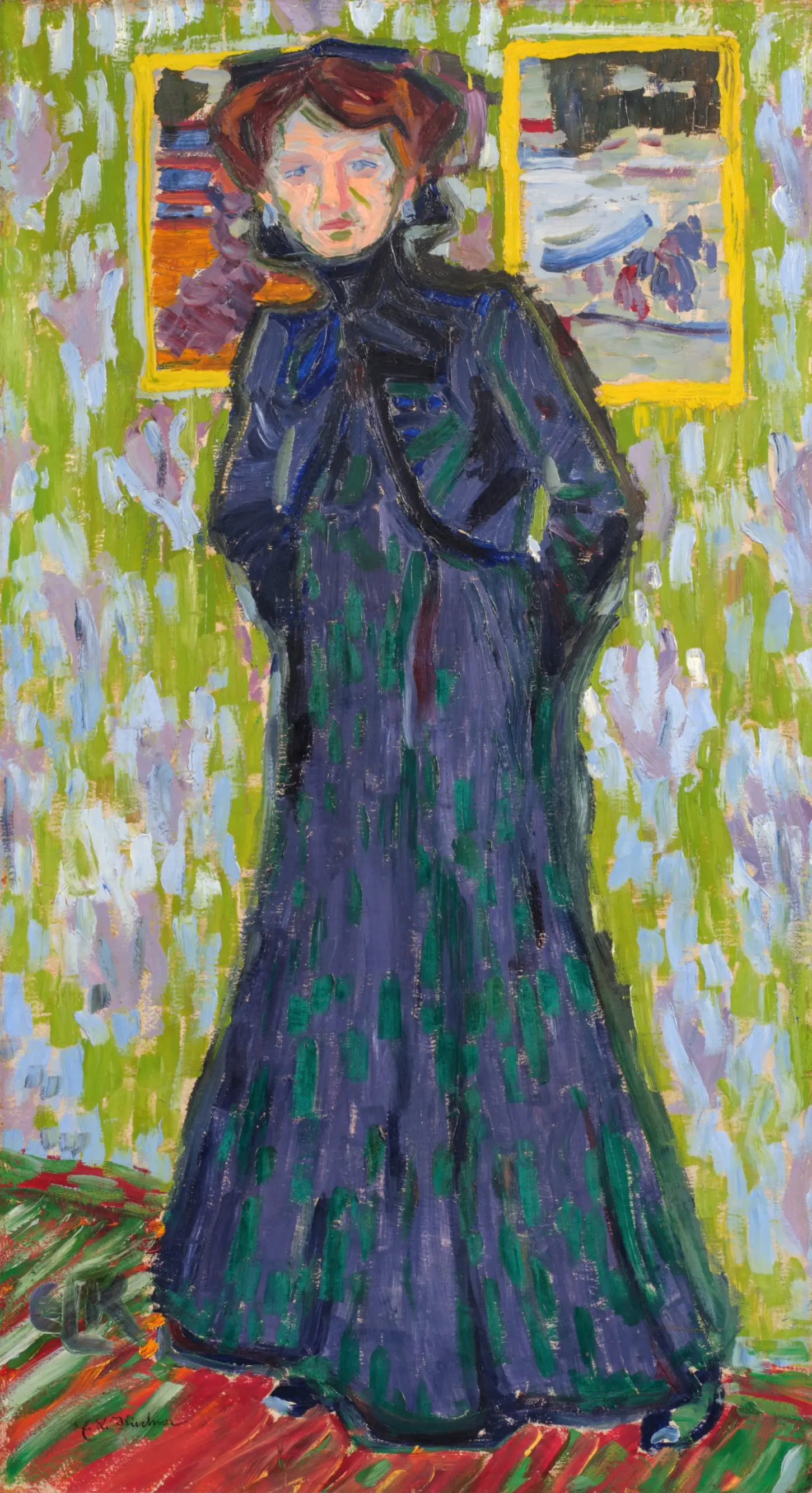 Oil on board laid down on canvas, Doris Standing, Stehende Dame in schwarzem Kleid, Doris mit Halskrause, by Ernst Ludwig Kirchner, 1906. Sotheby's. A full-length vertical portrait of a standing woman facing forward, wearing a long black dress and a light ruff collar against a structured, brush-textured background.