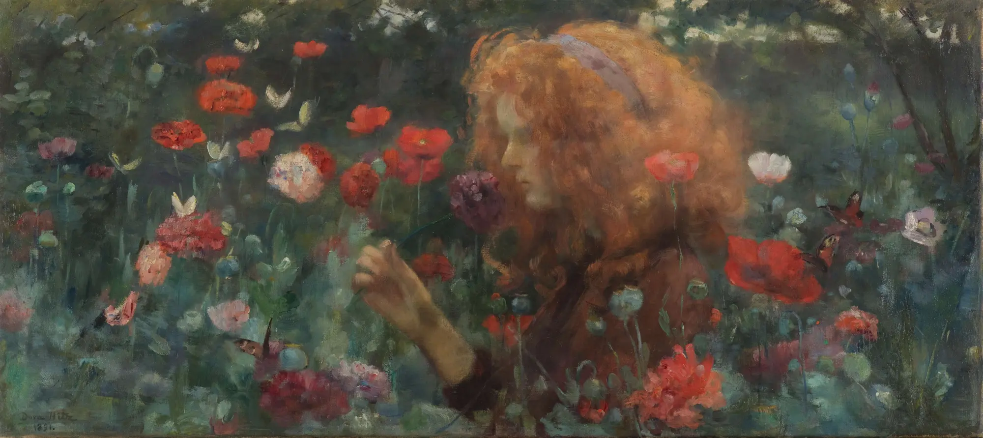 Oil on canvas, Girl in a Poppy Field, Mädchen im Mohnfeld, by Dora Hitz, 1891. Museum der bildenden Künste, Leipzig. A panoramic painting showing a profile view of a young girl with thick, wavy red hair and a purple headband, facing left. She stands in a field of red and pink poppies with her hand raised toward a stem, surrounded by green foliage and butterflies. The artist's signature and the date 1891 are visible in the lower left corner.