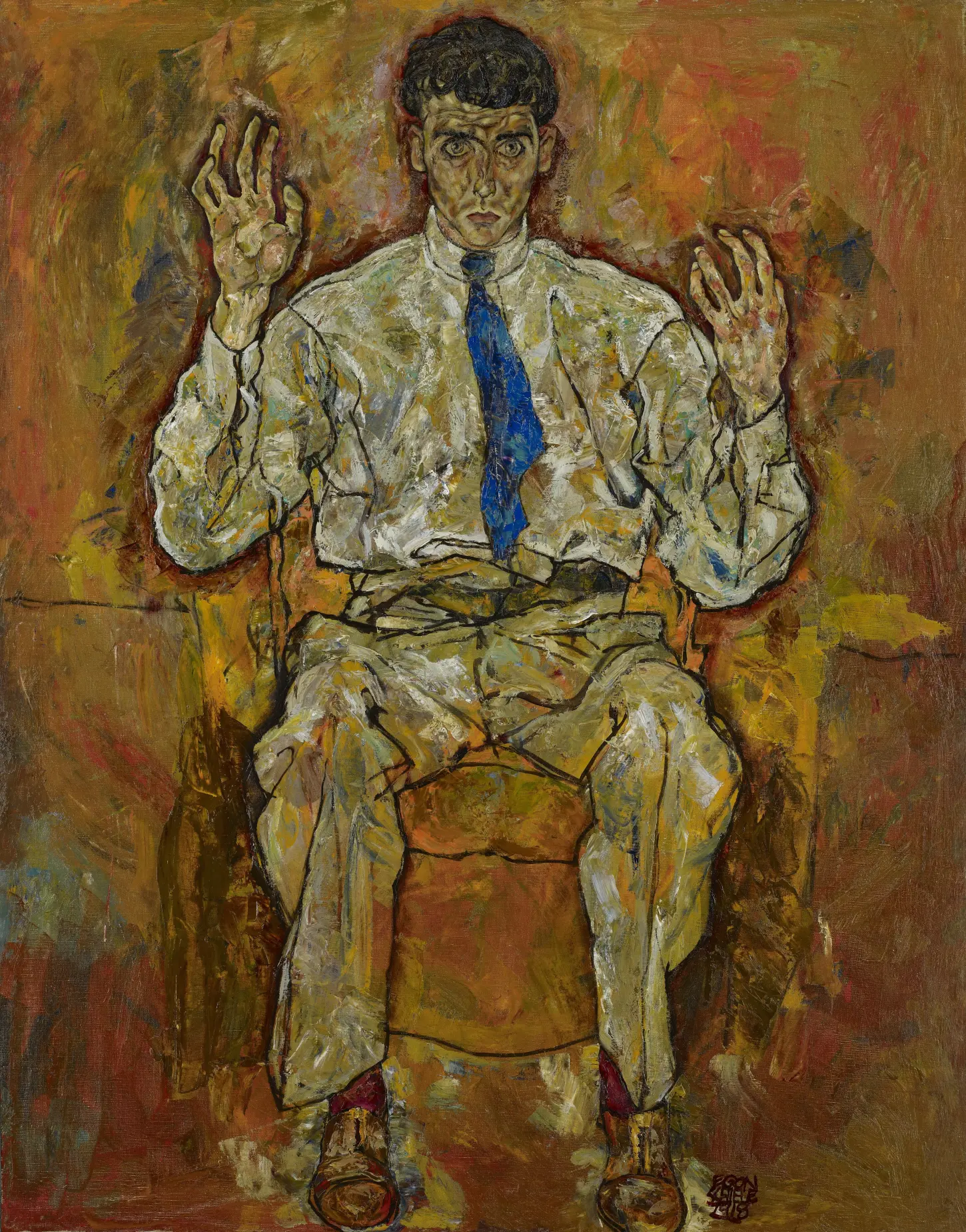 Oil on canvas, Portrait of the Painter Albert Paris Gütersloh, Bildnis des Malers Albert Paris Gütersloh, by Egon Schiele, 1918. Minneapolis Institute of Art. A man sits facing forward in a light suit and a bright blue tie, with his hands raised in front of his chest, surrounded by thick strokes of orange, yellow, and brown oil paint. At the bottom, dark red socks and brown shoes are visible. Kallir P322.