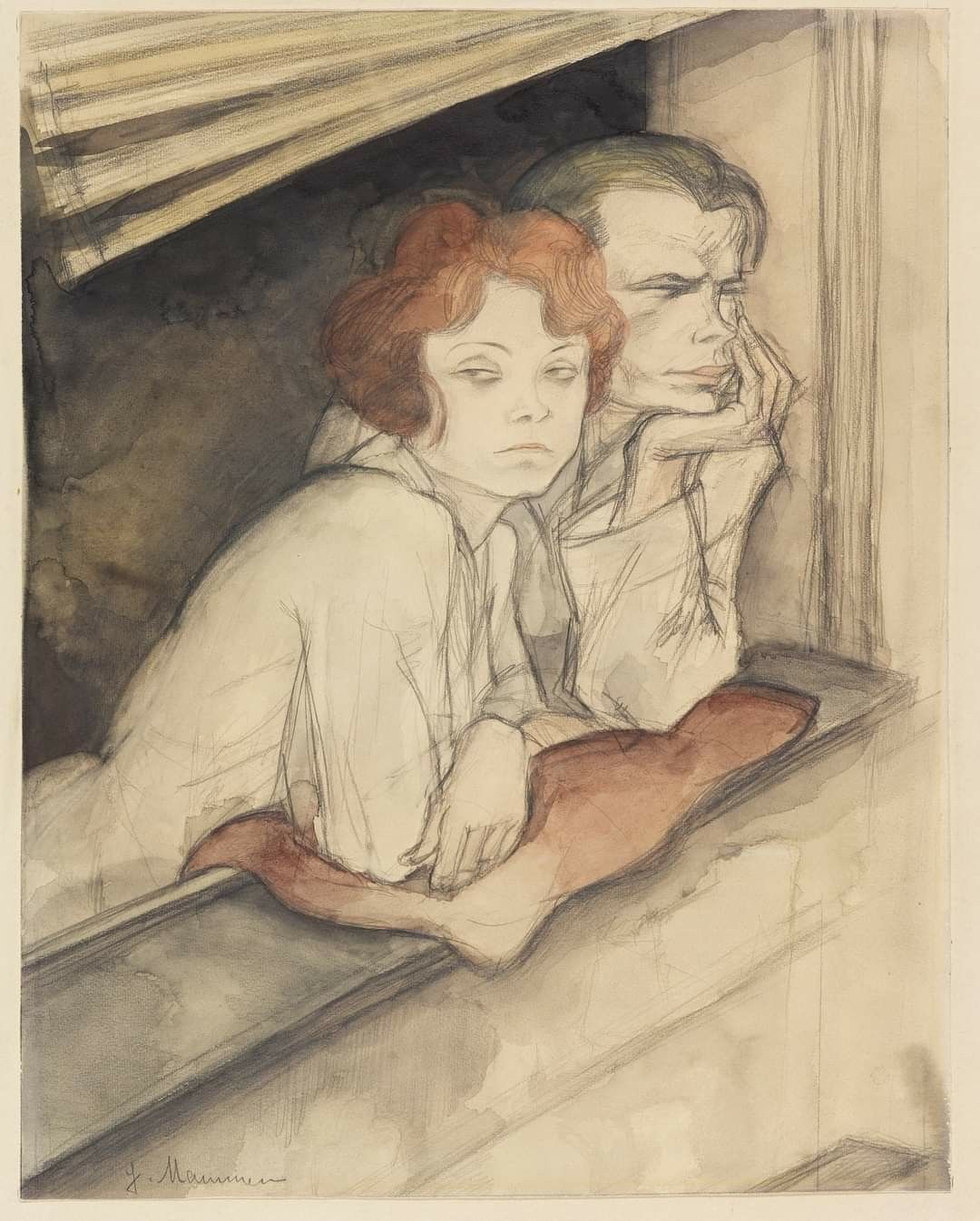 Watercolor and pencil on paper, Couple on the Windowsill, Paar auf der Fensterbank, by Jeanne Mammen, c. 1928. Ketterer Kunst. A woman with reddish wavy hair and a man resting his chin on his left hand lean out of an open window beneath a striped awning. A reddish-brown cloth rests on the stone sill. Signed 'J. Mammen' in the lower left corner.