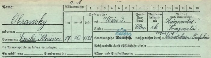 Digitized section of a historical civil registry document with German printed headings and handwritten ink inscriptions in Sütterlin script. The card displays the surname Obransky, first names Emilie Klarissa, birthdate 17. XI. 1888, birthplace Wien 3, and professional classifications.