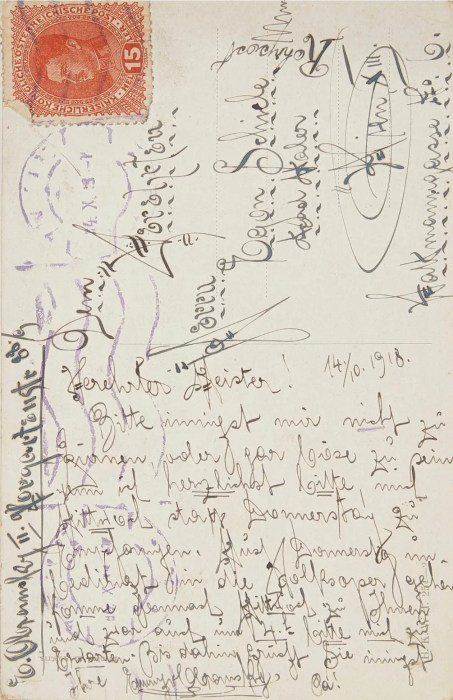 Digitized back of the historical postcard sent by Emmy Obransky to Egon Schiele dated October 14, 1918,