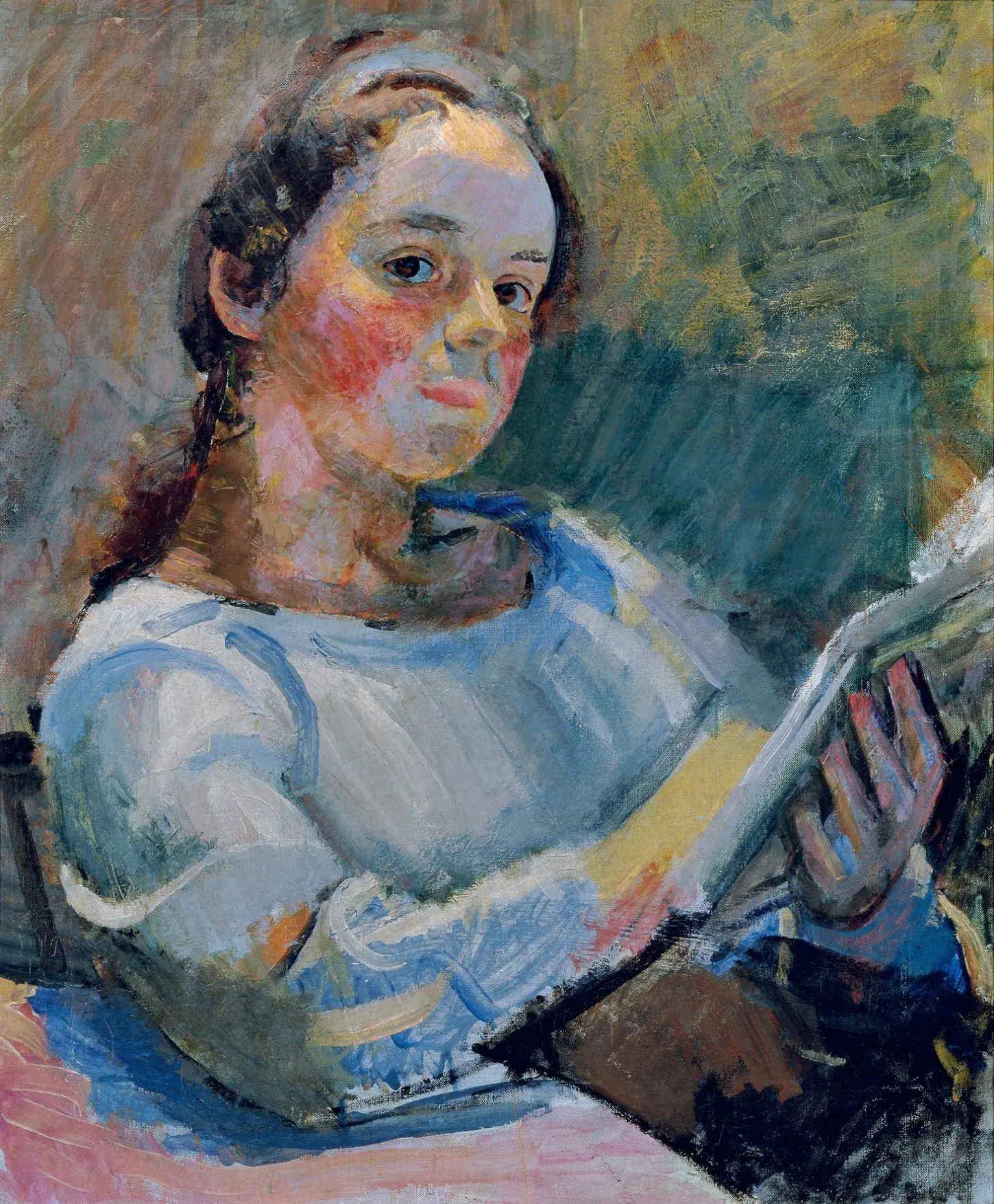 Oil on canvas, A Girl Reading, Lesendes Mädchen, by Franz Wiegele, c. 1920. Belvedere, Vienna. A close-up portrait of a young girl focused downward on a book, executed with thick brushstrokes on canvas. Unsigned.