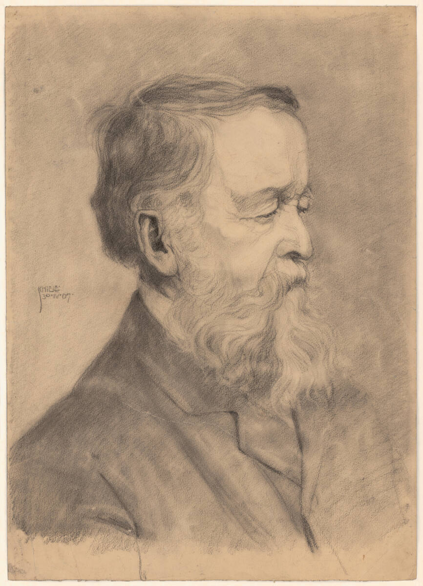 Black chalk drawing, Bust Portrait of a Bearded Man, Brustbild eines bärtigen Mannes, by Egon Schiele, 1907. ALBERTINA Museum. A profile portrait of an elderly, bearded man facing right, drawn with heavy black chalk lines and visible shading on the shoulder and back. Signed and dated 'SCHIELE / 30.IV.07.' in the middle left. Kallir 130.