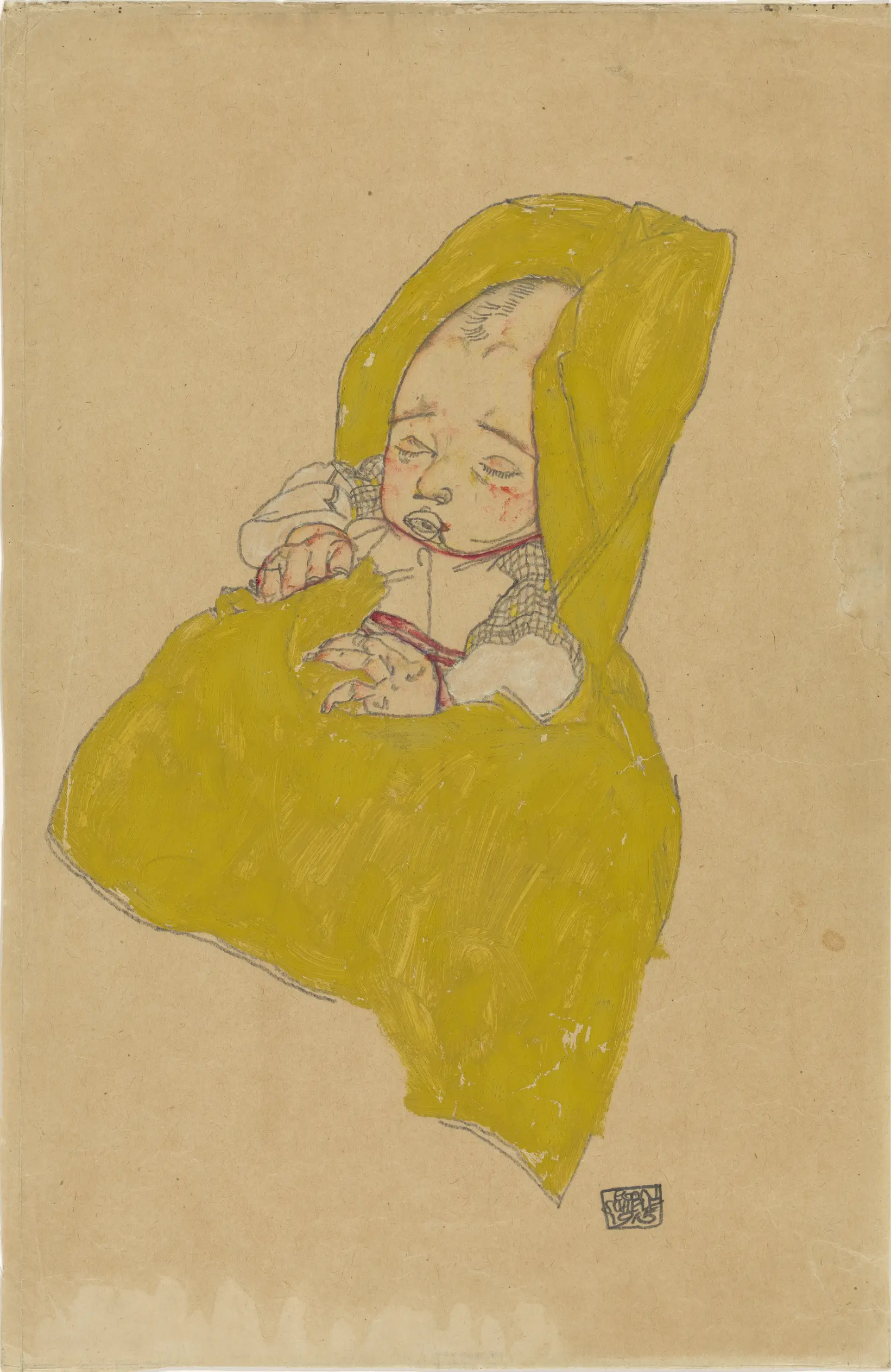 Gouache and pencil on packing paper, Infant in a Swaddling Blanket, Säugling im Wickelpolster, by Egon Schiele, 1915. Wien Museum. An infant lies wrapped in a heavy yellow blanket on beige paper. Kallir d1702.
