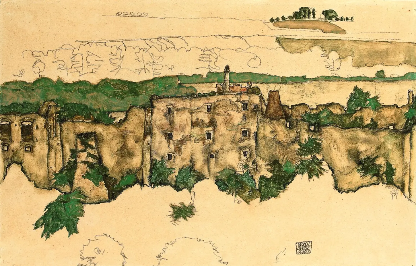 Gouache and pencil on paper, Landscape (Ruins of Weitenegg), Landschaft [Ruine Weitenegg], by Egon Schiele, 1916. Christie's. A landscape view showing the architectural stone ruins of a castle positioned on a green hill with trees. Kallir number 1864.