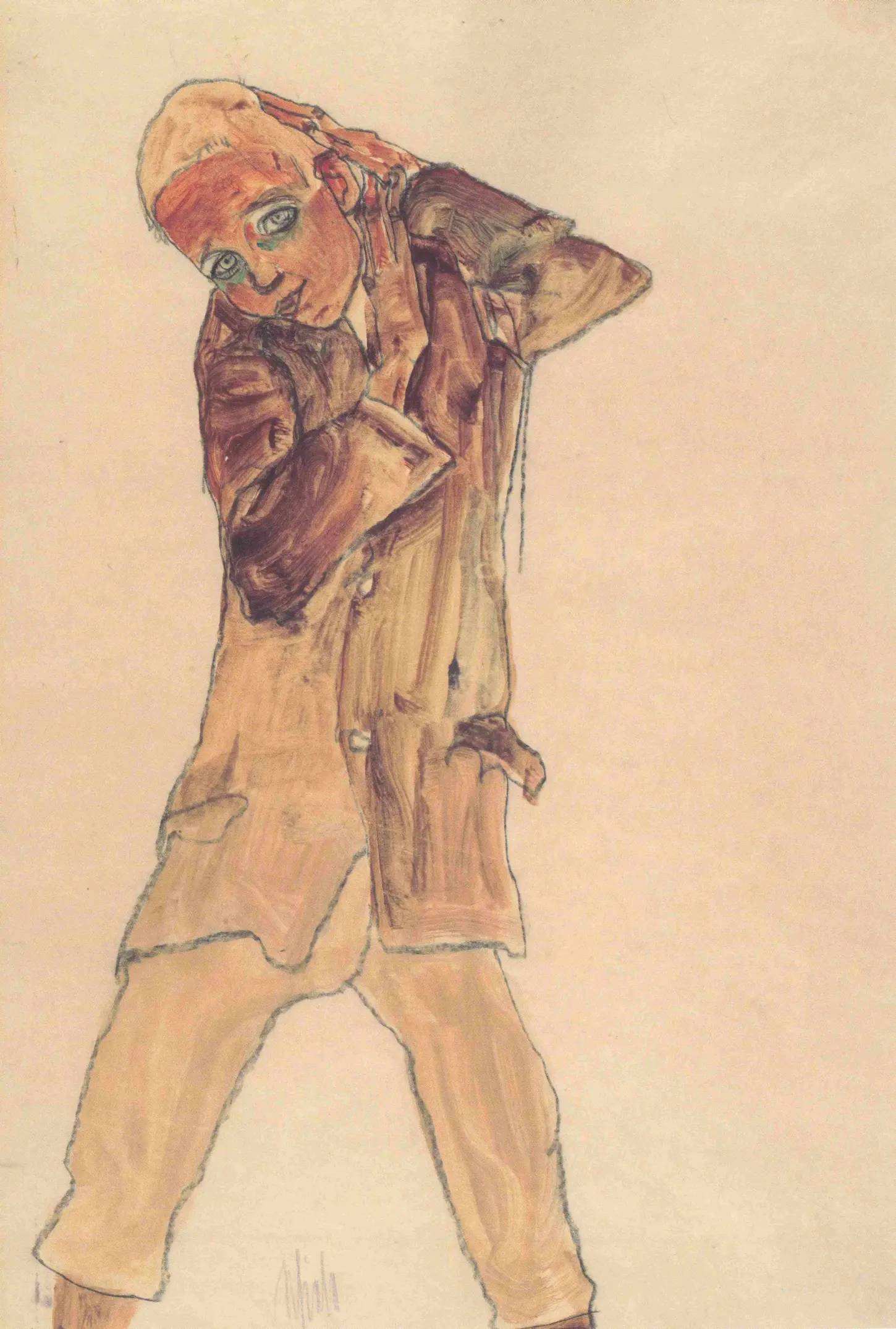 Black chalk, watercolor, and opaque colors on brown wrapping paper, Boy with a Long Smock, Knabe mit langem Rock, by Egon Schiele, 1910. Albertina. A vertical drawing depicting a young boy in a long, dark garment standing against a plain, unpainted brown background, with his arms angularly bent around his head and his lower legs cut off by the bottom edge of the paper.