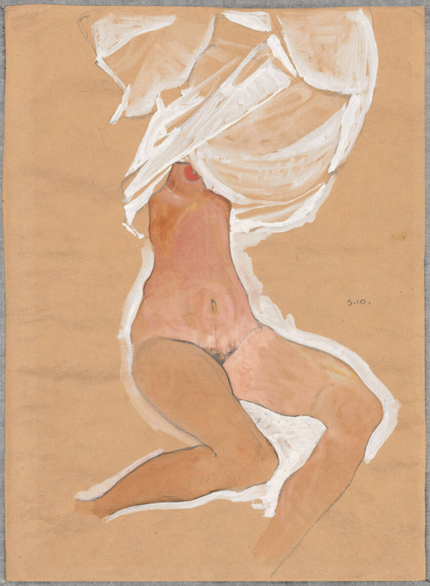 Pencil, watercolor, and opaque white gouache drawing on brown packing paper, Seated Girl Nude with Shirt over her Head, Sitzender Mädchenakt mit Hemd über dem Kopf, by Egon Schiele, 1910. Albertina, Vienna. A female nude torso viewed from the front with a transparent white garment draped over the upper body. The legs are sharply bent at the knees, and the face is completely obscured by the fabric. The right breast features a prominent red nipple. Kallir d560.