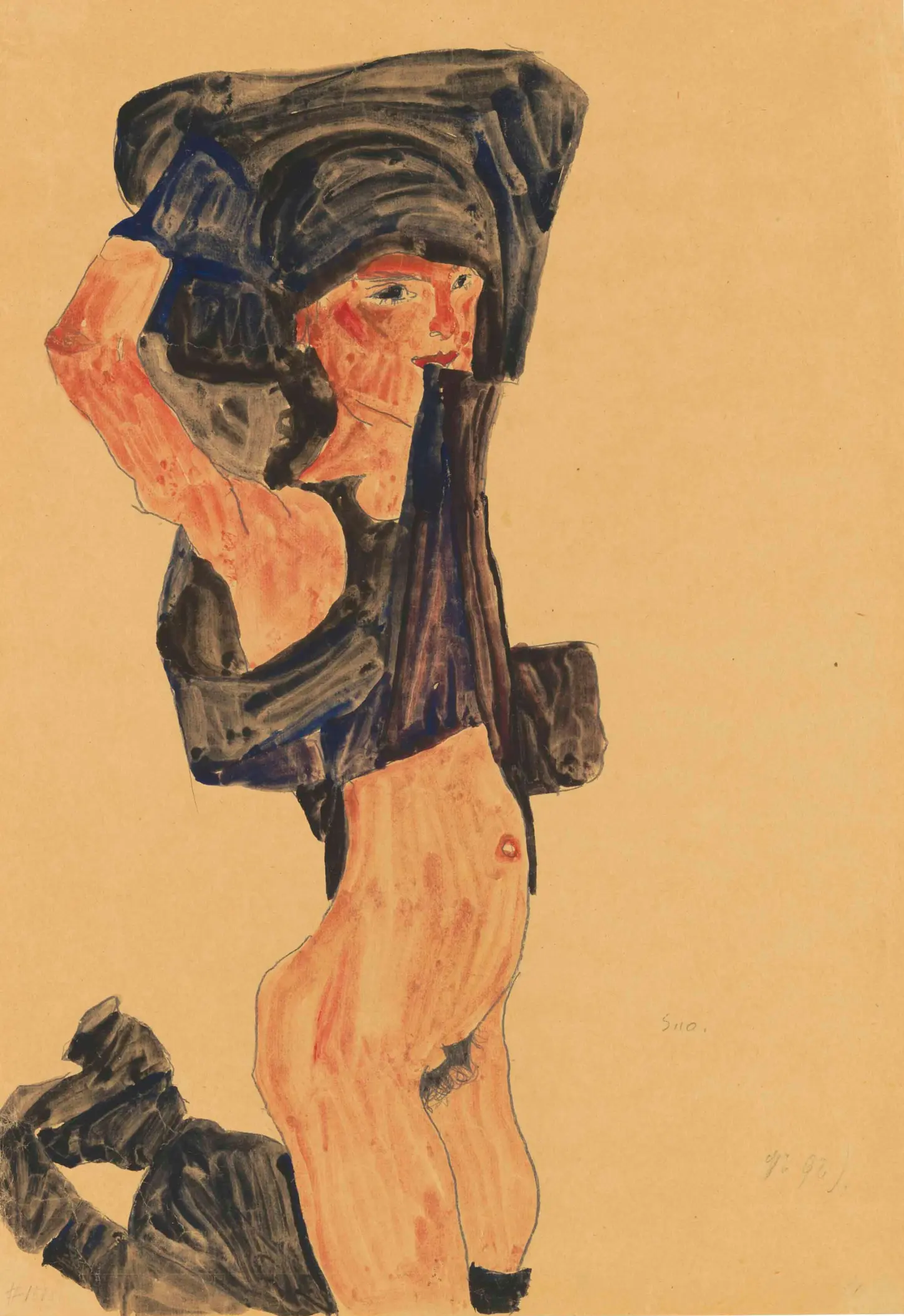 Pencil, watercolour, and gouache drawing on paper, Kneeling Girl, Pulling up her Skirt over her Head (Kniendes Mädchen, sich den Rock über den Kopf ziehend), by Egon Schiele, 1910. Christie's. A young kneeling female figure faces forward, holding the dark hem of her patterned dress between her lips to lift the fabric and expose her lower torso. Her left arm is raised over her head, and her lips are highlighted in red pigment. Signed and dated 'S, 10.' in the lower right.