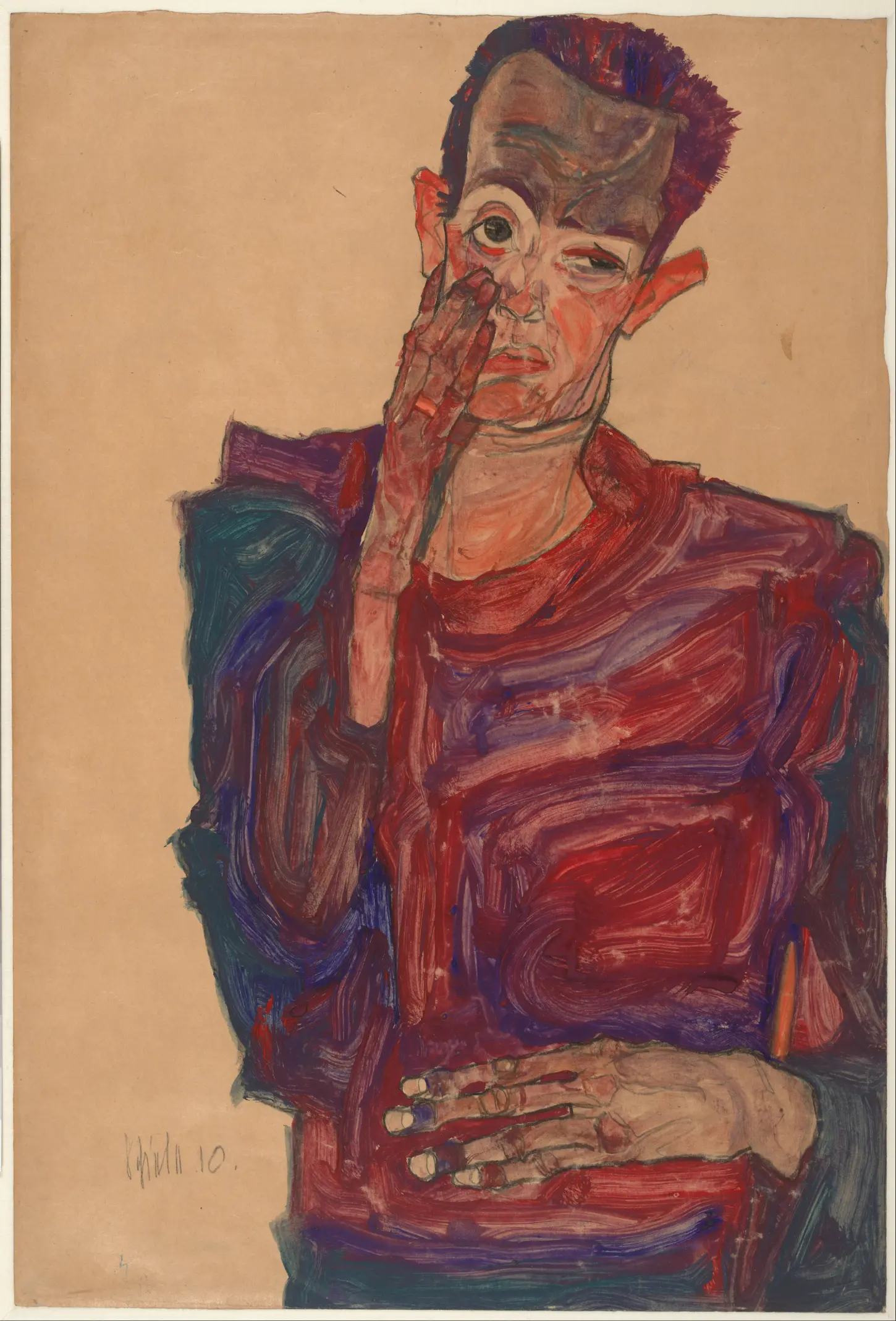 Chalk and watercolor, Self-Portrait with Pulled Down Eyelid, Selbstbildnis mit herabgezogenem Augenlid, by Egon Schiele, 1910. ALBERTINA, Vienna. A frontal self-portrait of the artist on brown paper, pulling down his right eyelid with his fingers, wearing a shirt decorated with dark, swirling brushstrokes. Kallir 706.