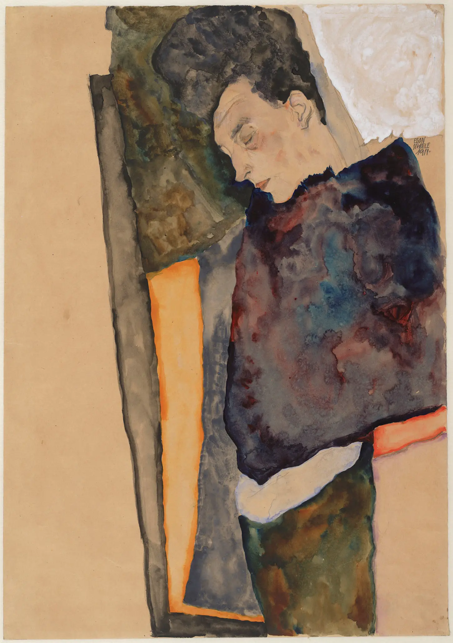Pencil and watercolor drawing, The Artist's Sleeping Mother, Die schlafende Mutter des Künstlers, by Egon Schiele, 1911. ALBERTINA Museum. A portrait of an elderly woman with closed eyes, positioned vertically so she appears to float against a patterned fabric background. Signed and dated 'EGON / SCHIELE / 1911.' in the upper right. Kallir Index 865.