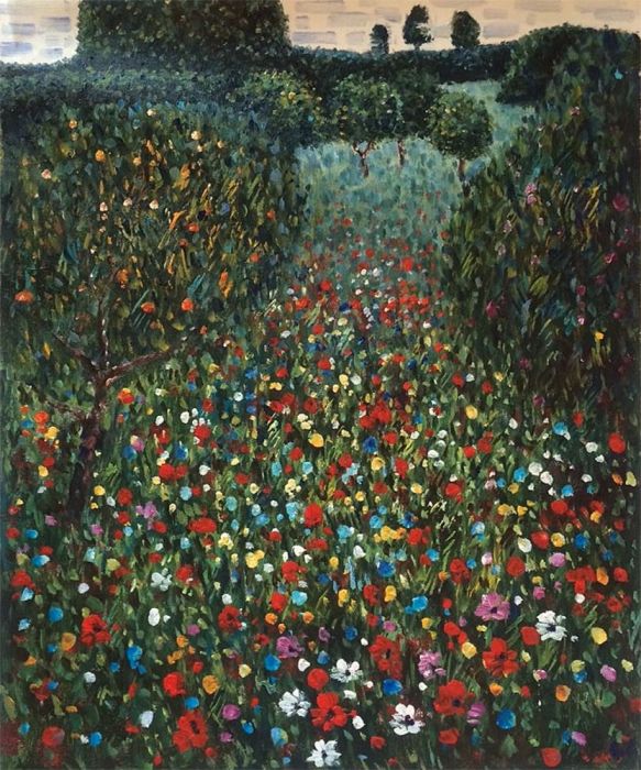 Oil on canvas painting, Poppy Field imitation falsely attributed to Gustav Klimt, painter unknown, year unknown. A tall, vertical landscape showing a dense field of red poppies mixed with white flowers, framed by heavy dark green and blue trees on both sides under a dusky sky.