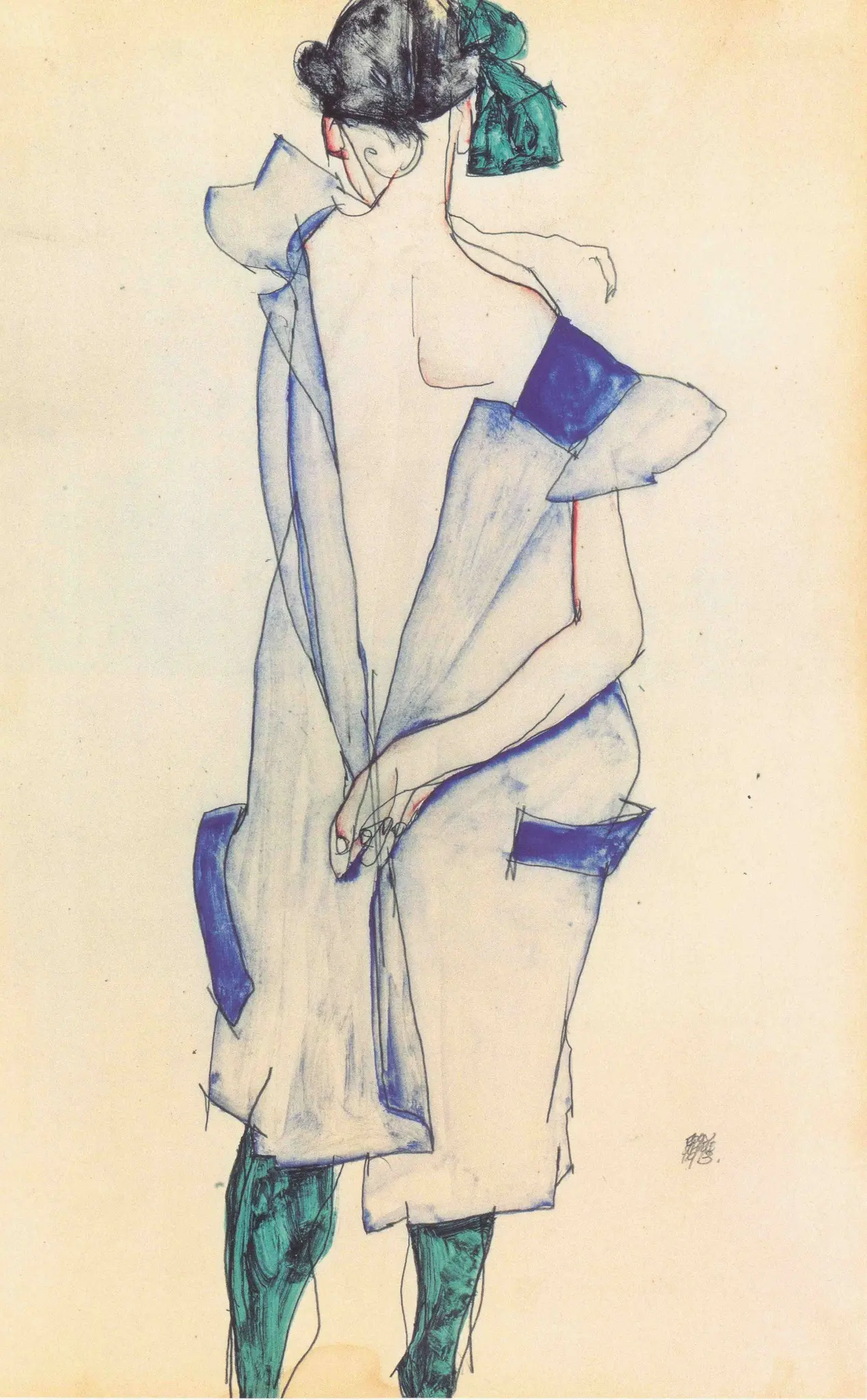 Watercolor and pencil on paper, Standing Girl in Blue Dress and Green Stockings, Back View, by Egon Schiele, 1913. Private collection. A young woman viewed from behind wearing a loose blue dress with dark blue cuffs that exposes her upper spine, paired with emerald green stockings and a matching ribbon in her hair. Kallir D1271.