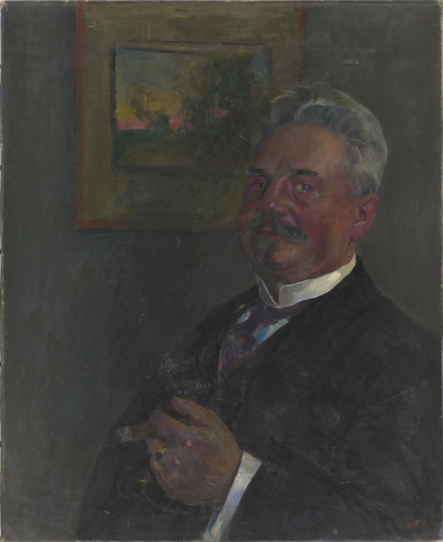 Oil on canvas, Portrait of Leopold Czihaczek, Bildnis Leopold Czihaczek, by Franz Wiegele, 1911. Wien Museum. A half-length portrait of an elderly man with graying hair and a mustache, wearing a dark suit and seated against a muted, structured background.