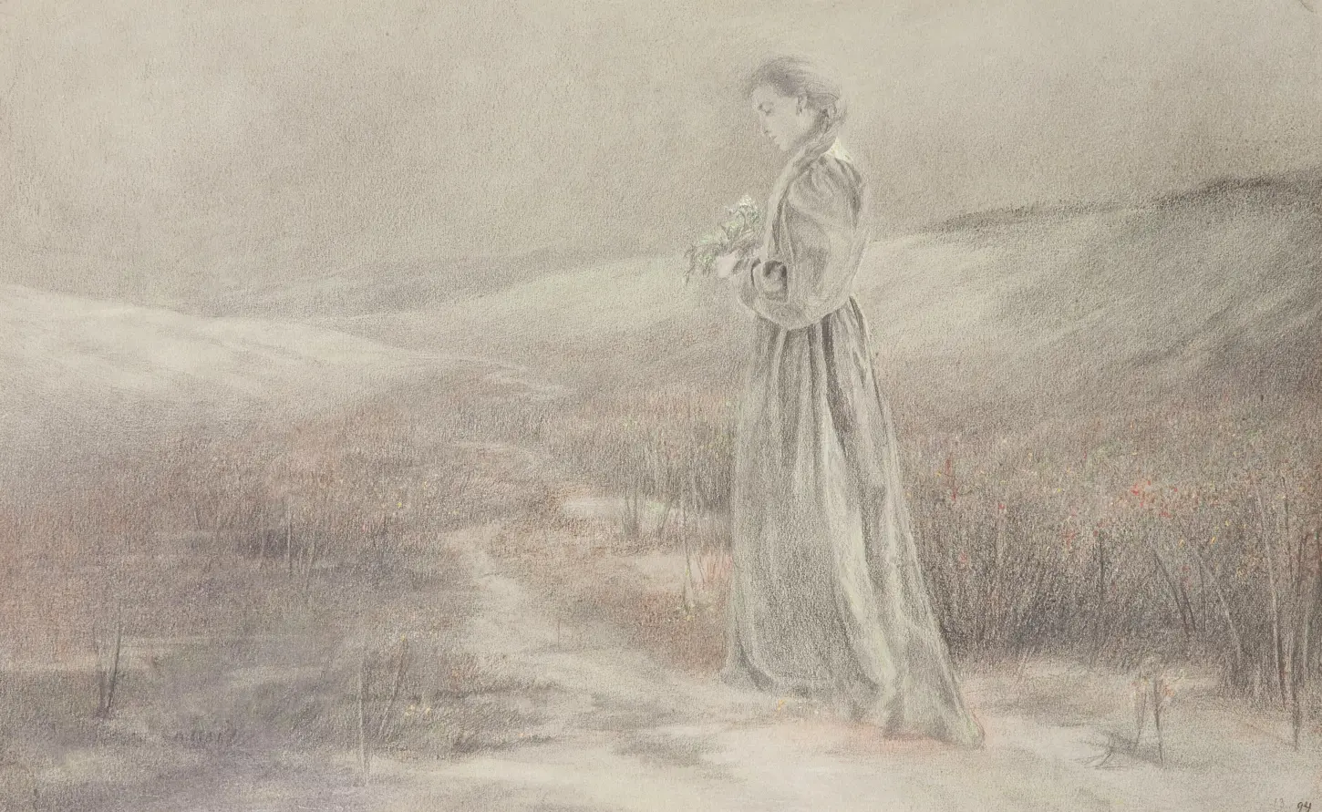 Pastel on paper, Girl with Flowers (Mädchen mit Blumen), by Emilie Mediz-Pelikan, 1894. A girl in a long dress stands in a meadow holding a small bouquet. Soft hills rise in the distance while delicate tones of grey, green, pink and cream blend across the landscape. Leopold Museum, Vienna