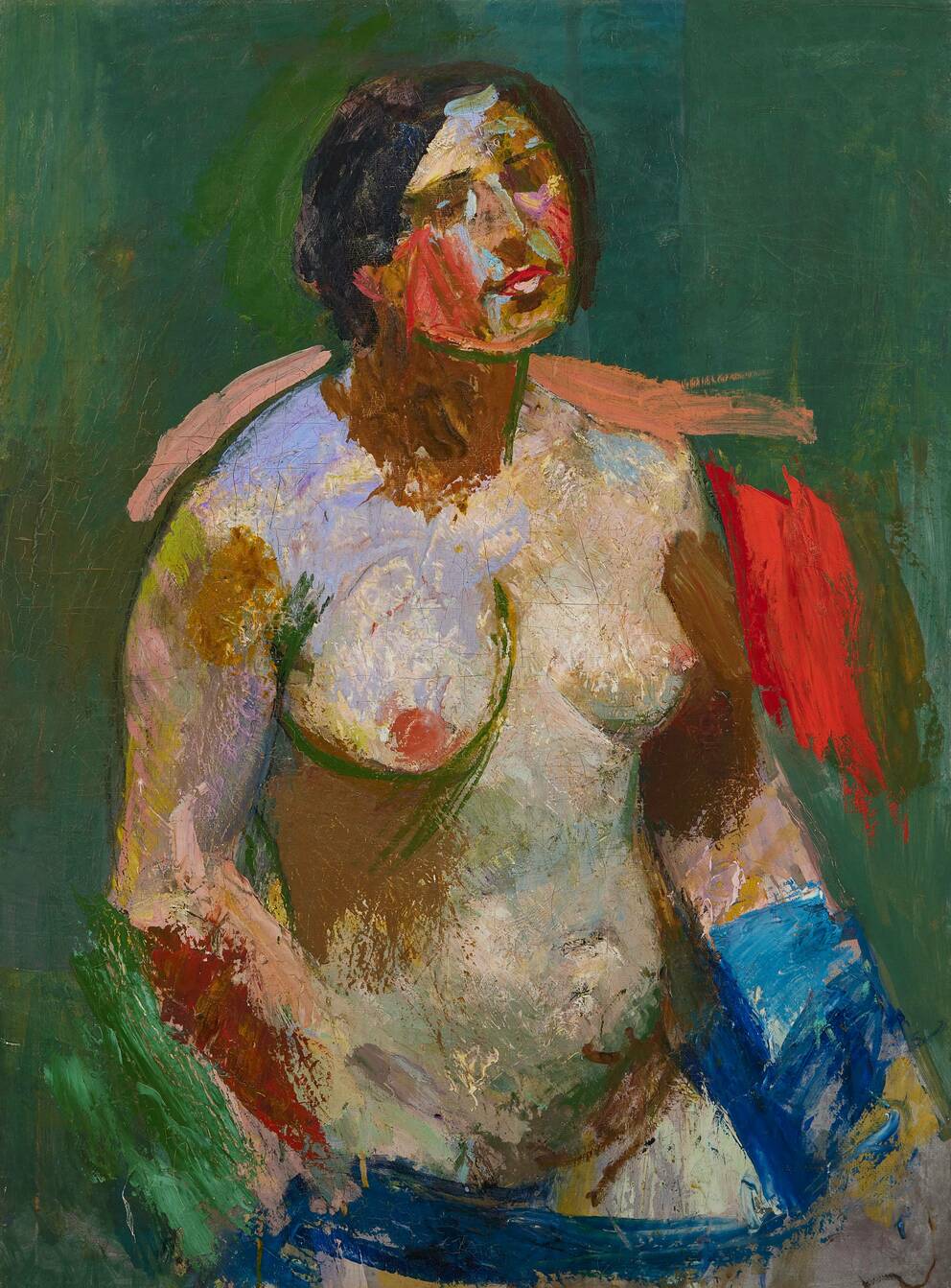 Oil on canvas, Justa (Study after Nudes in the Forest) (Justa (Studie nach „Akte im Wald“)), by Franz Wiegele, ca. 1910. Leopold Museum. A half-length portrait of a seated woman with dark hair, looking downward, painted with textured brushstrokes in earthy and flesh tones.